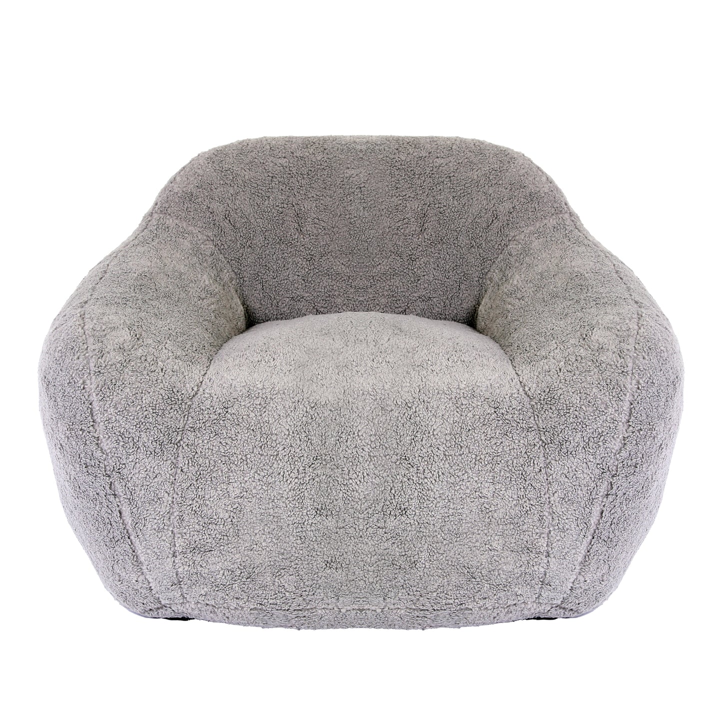 Plush grey boucle armchair with rounded silhouette
