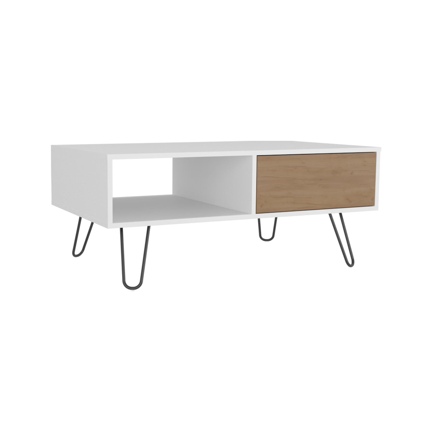 White modern coffee table with a natural wood drawer and hairpin legs