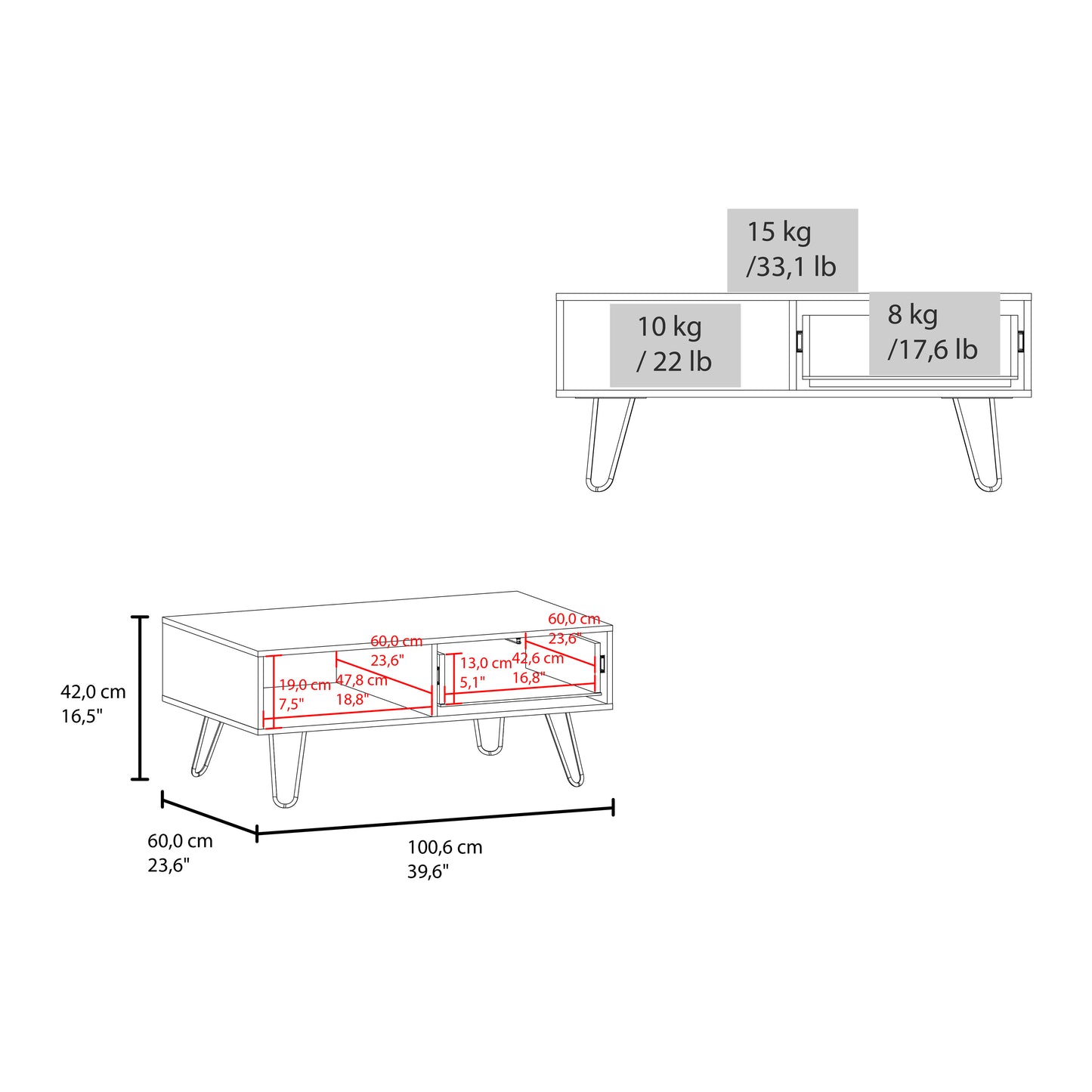 Diagram of a white coffee table with dimensions and weight capacity labels