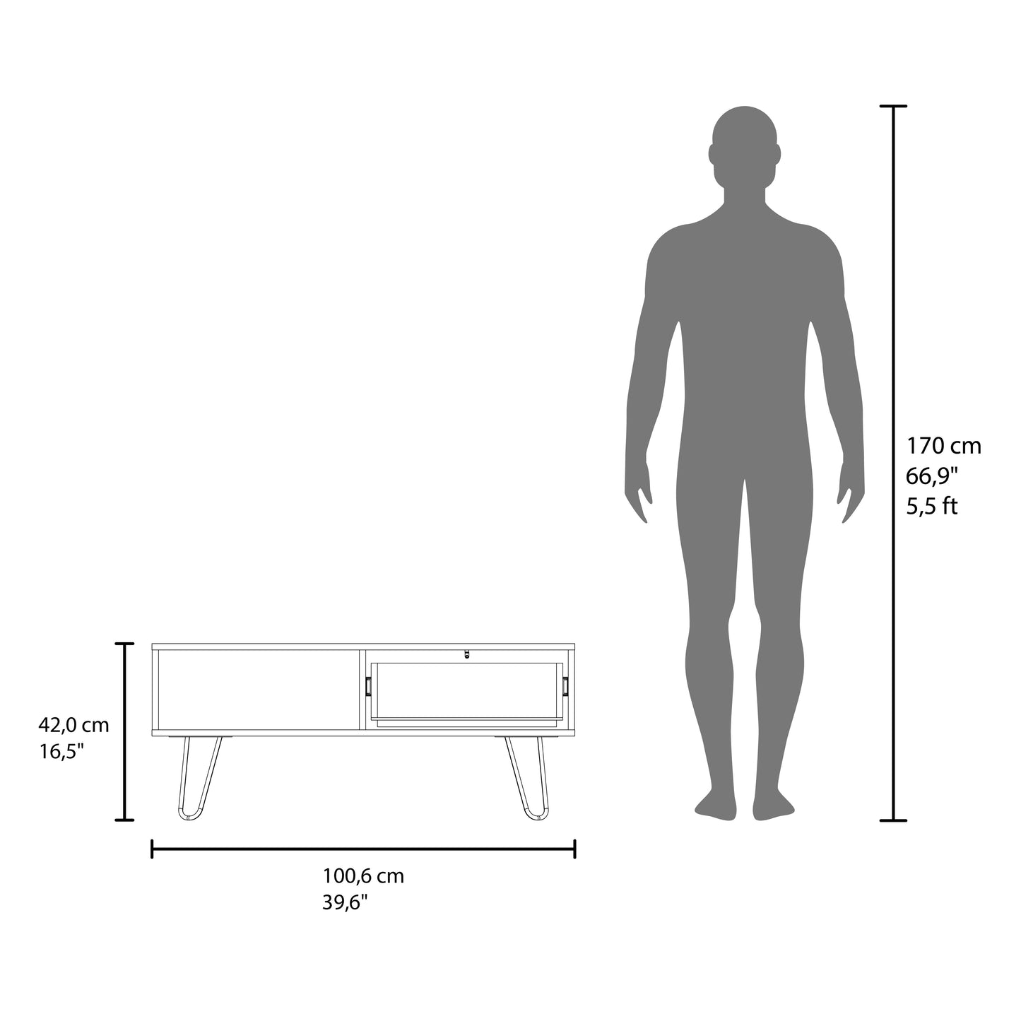 White minimalist coffee table with two drawers and tapered legs