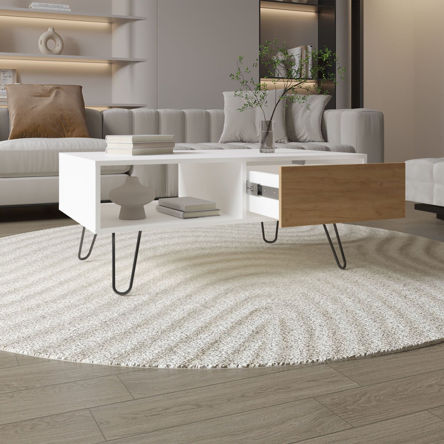 White modern coffee table with a wood drawer and hairpin legs