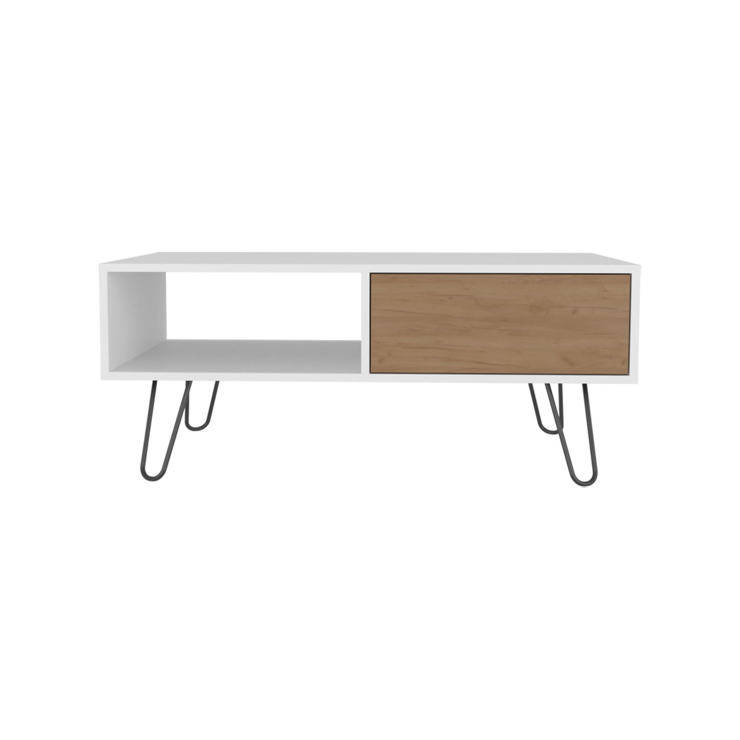 White and wood media console with open shelf and drawer