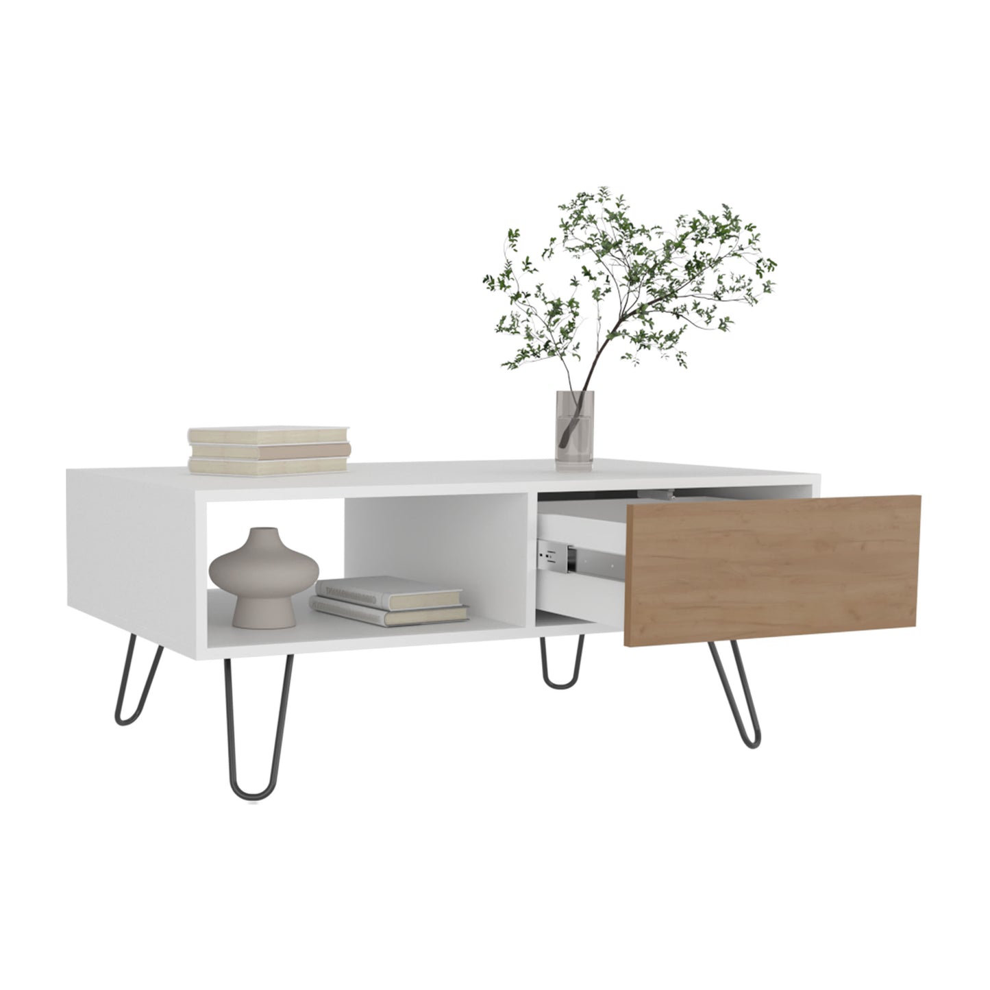 White modern TV stand with open shelving and a woodgrain drawer