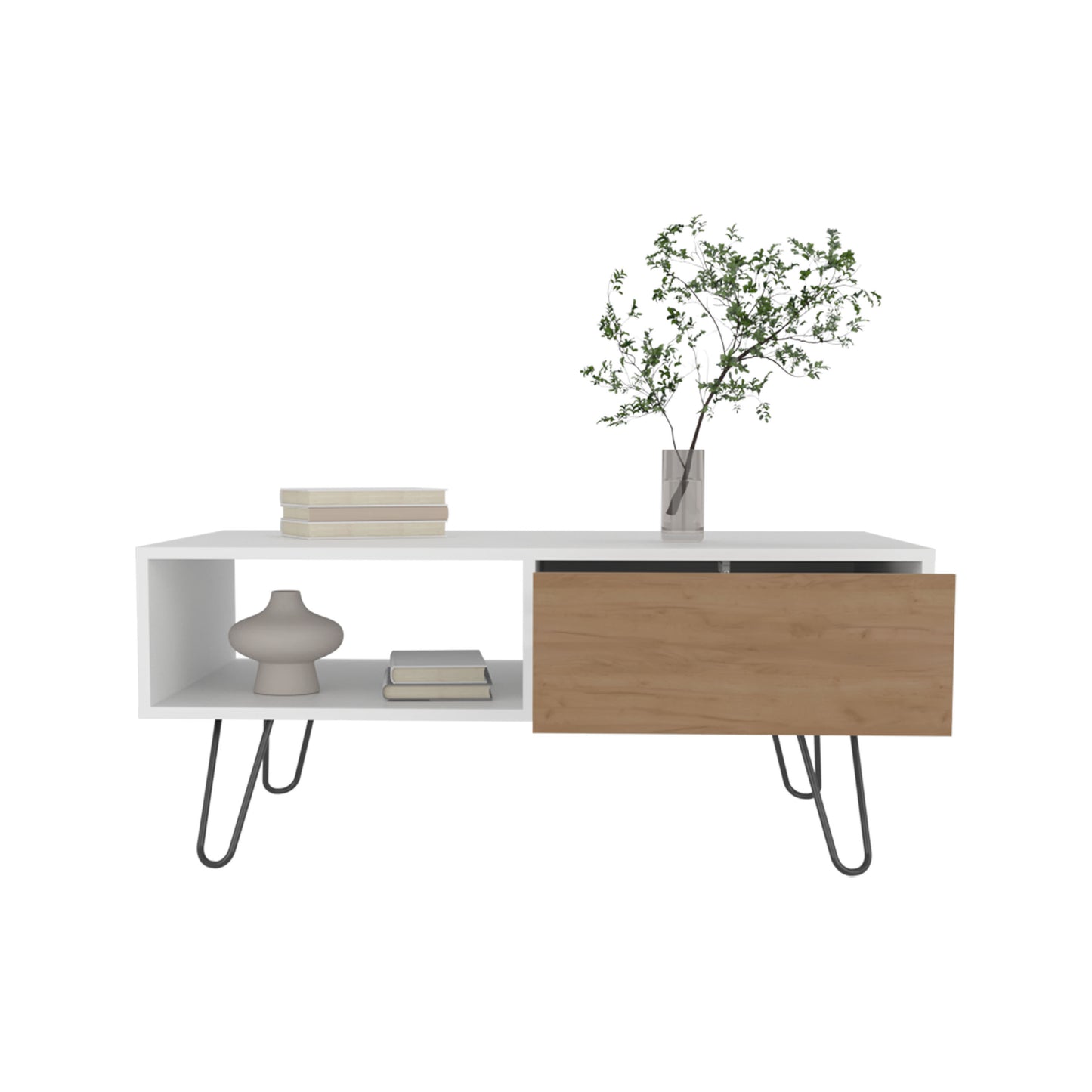 White and wood midcentury modern tv stand with hairpin legs