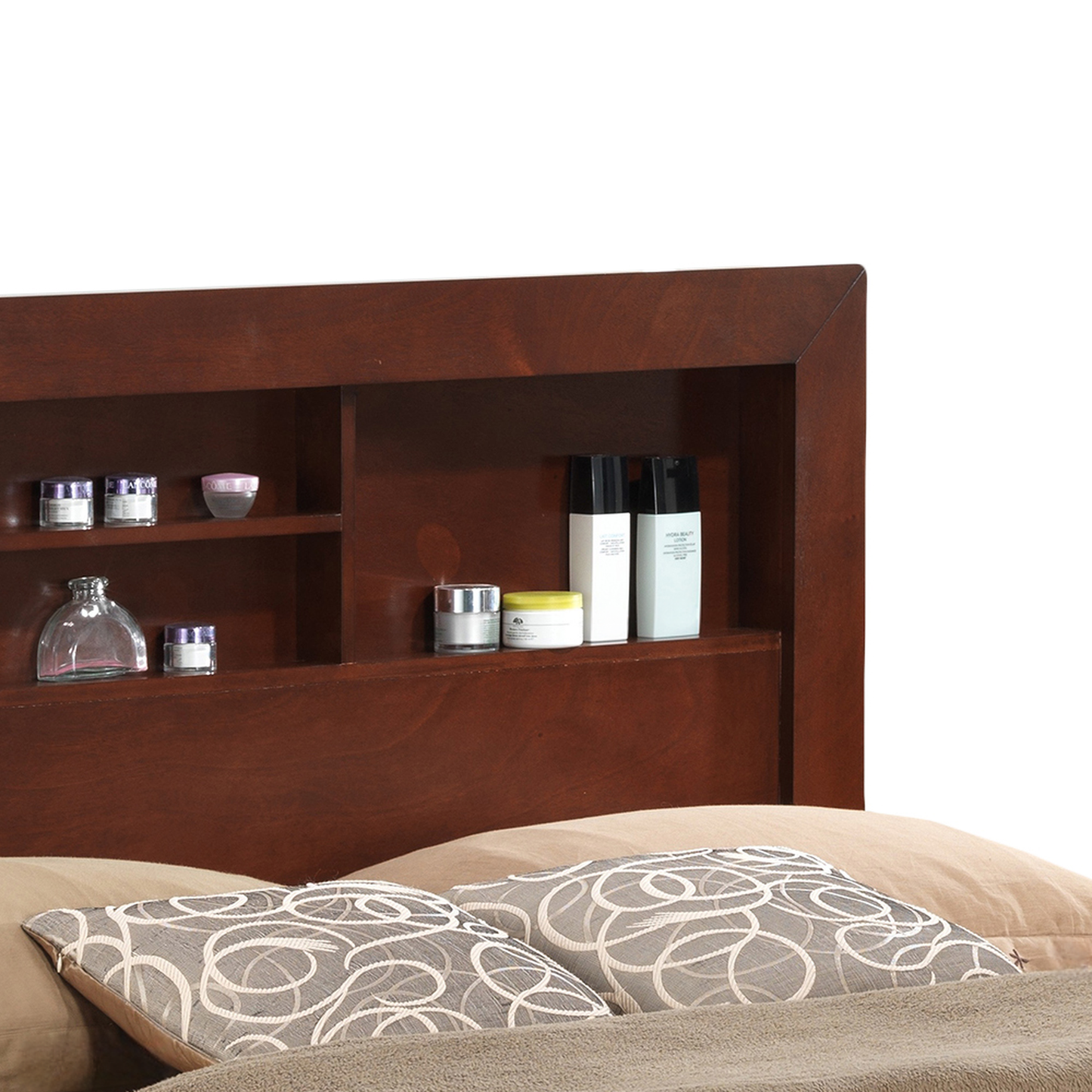 Dark wood headboard with builtin shelves holding skincare products