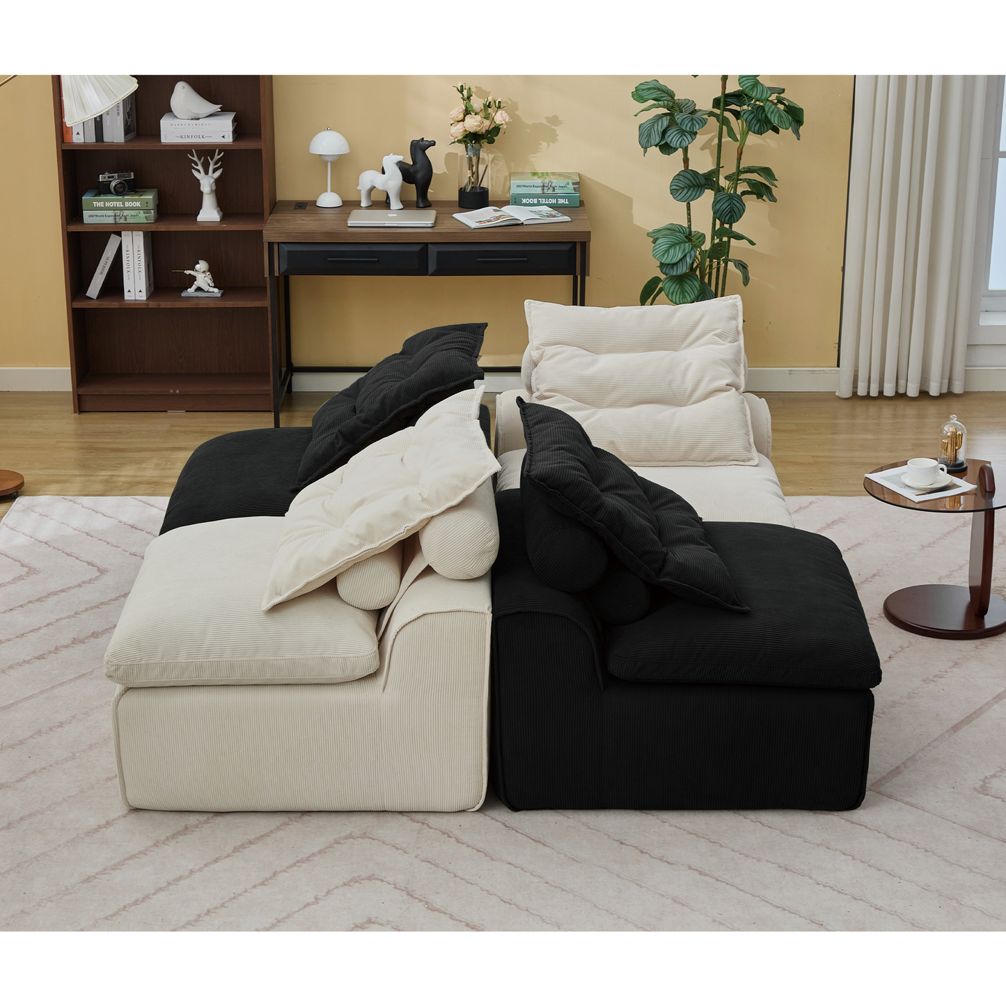 Black and cream corduroy sectional sofa with tufted cushions