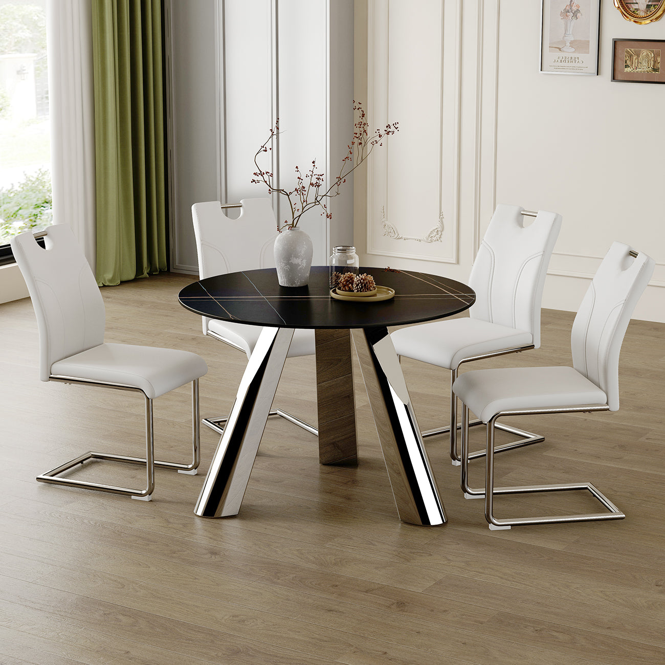 Modern white dining chair with chrome sled base