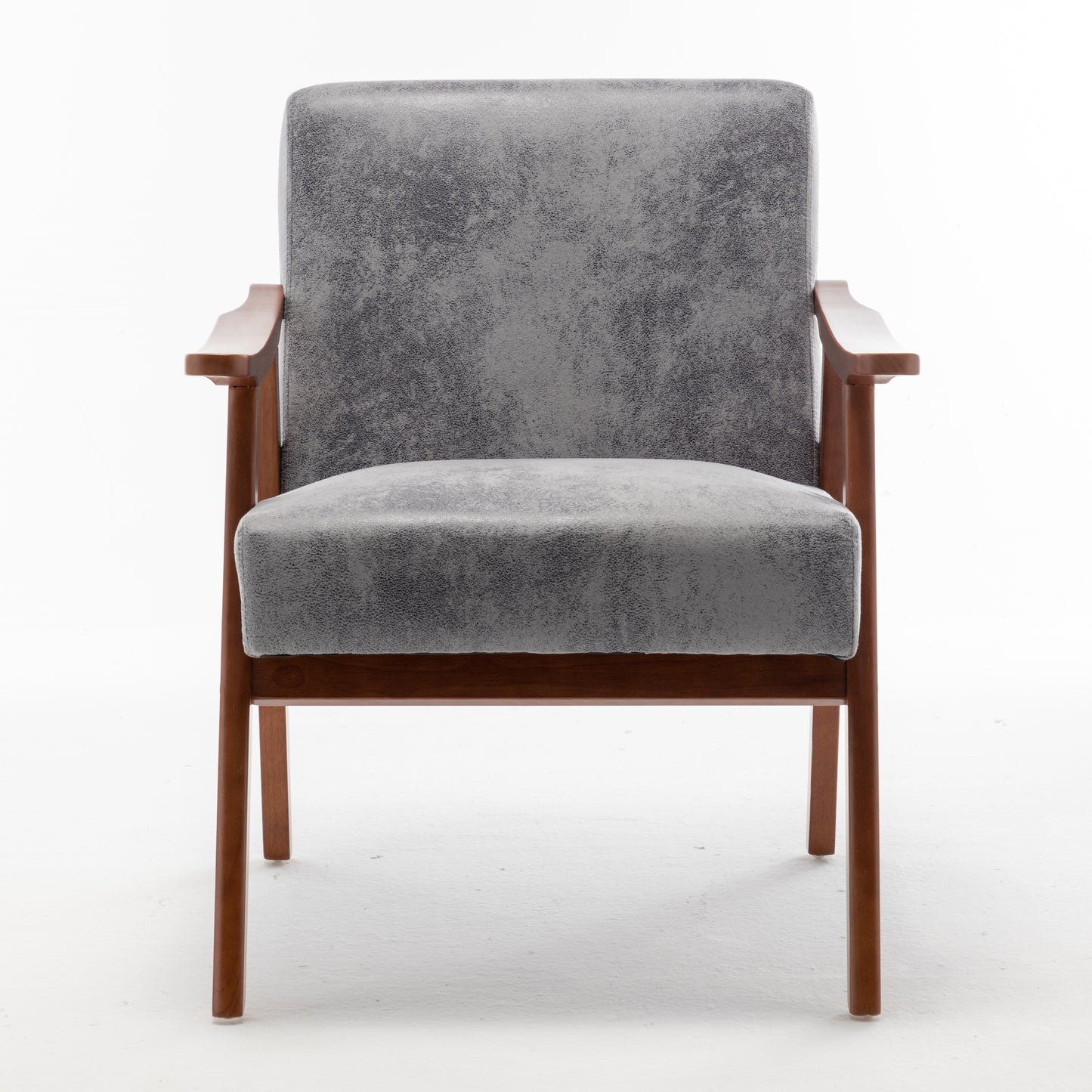 Grey upholstered armchair with wooden frame and arms