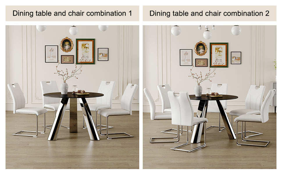 Modern round dining table with chrome legs and white upholstered chairs