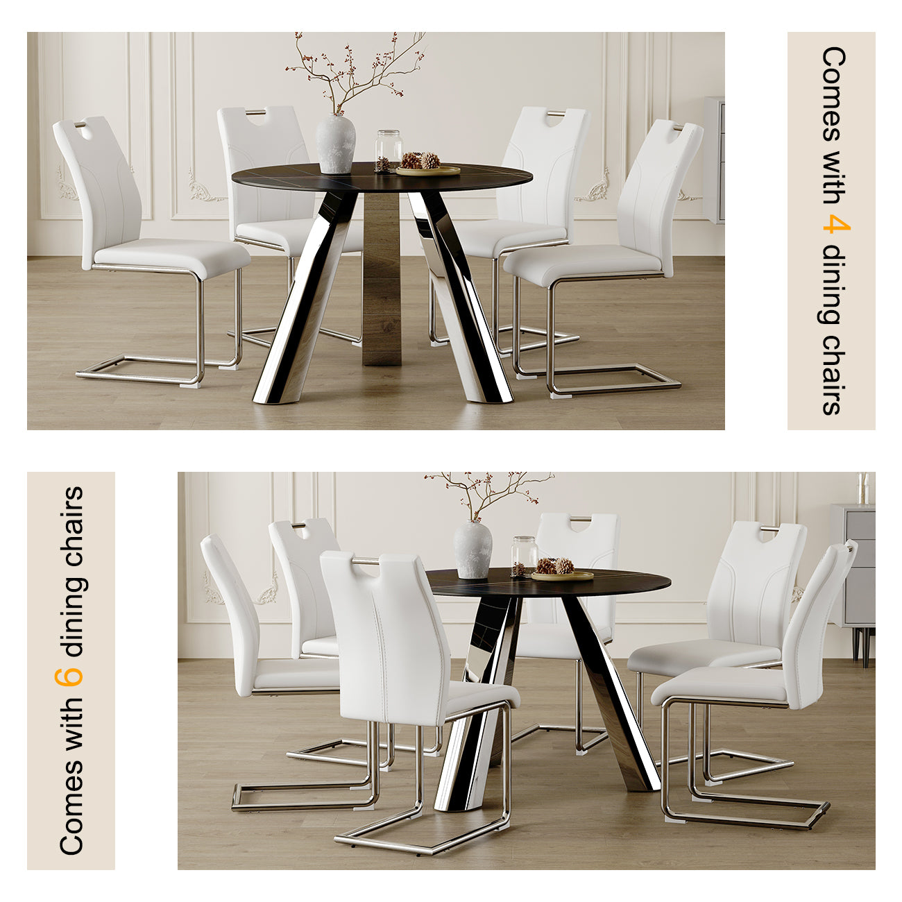 White leather dining chairs with chrome sled base set of