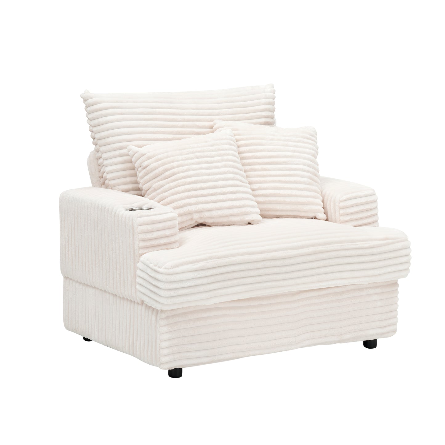 Cream corduroy accent chair with plush pillows and cup holder