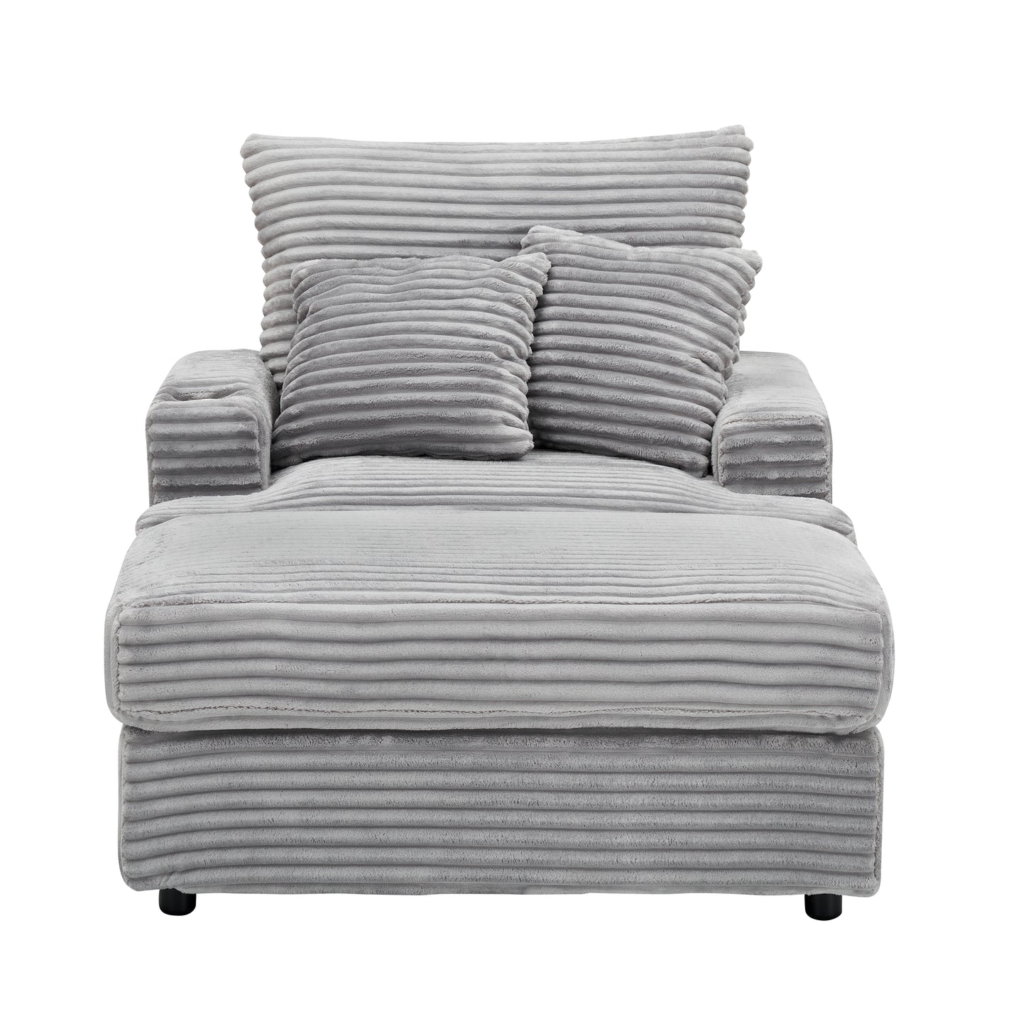 Plush gray corduroy armchair with two matching throw pillows for cozy lounging