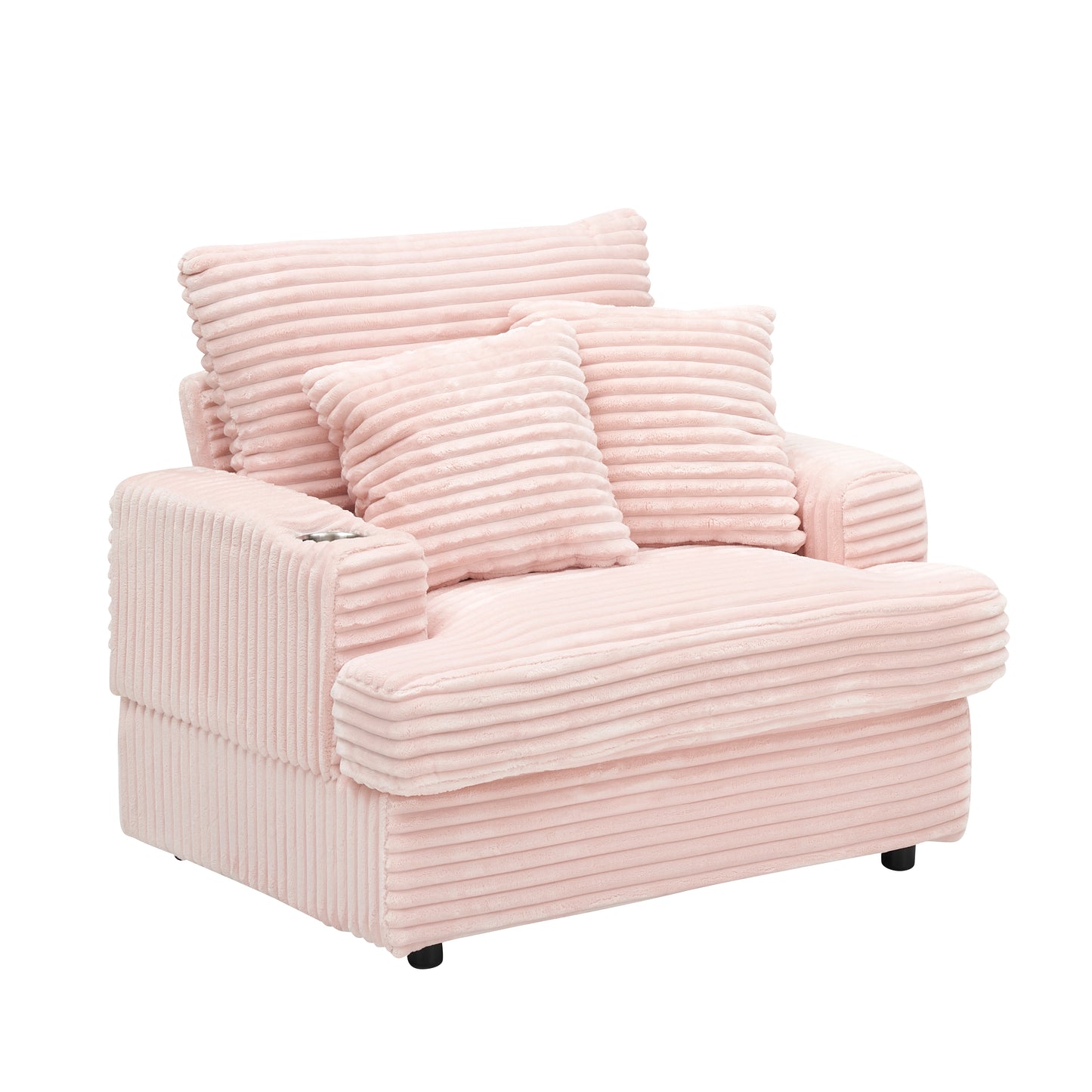 Plush pink corduroy accent chair with two bolster pillows
