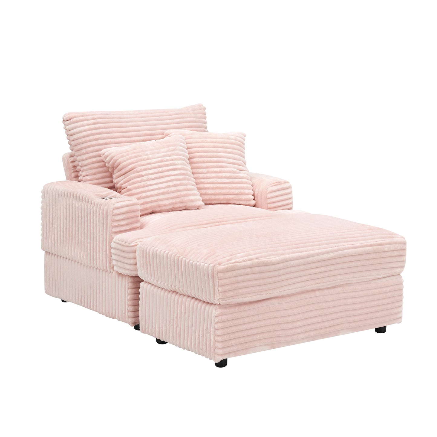 Pink corduroy chaise lounge with plush pillows and ottoman