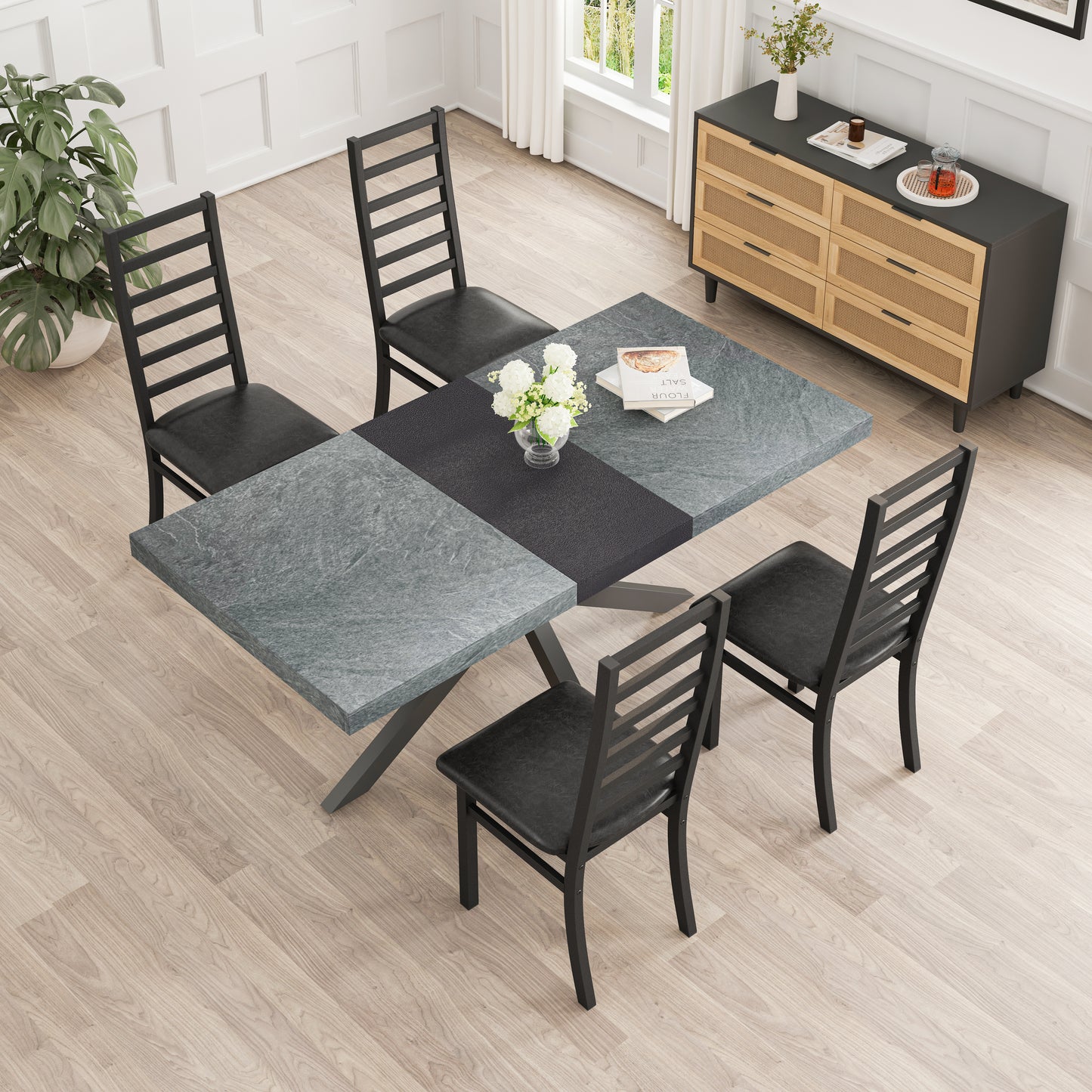 Modern black metal dining chair with upholstered seat