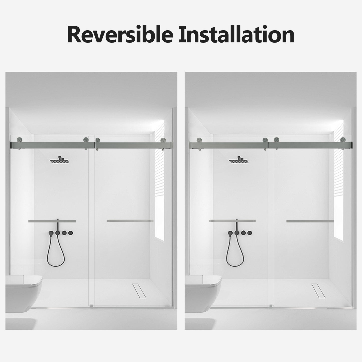 Modern frameless glass shower enclosure with brushed nickel hardware