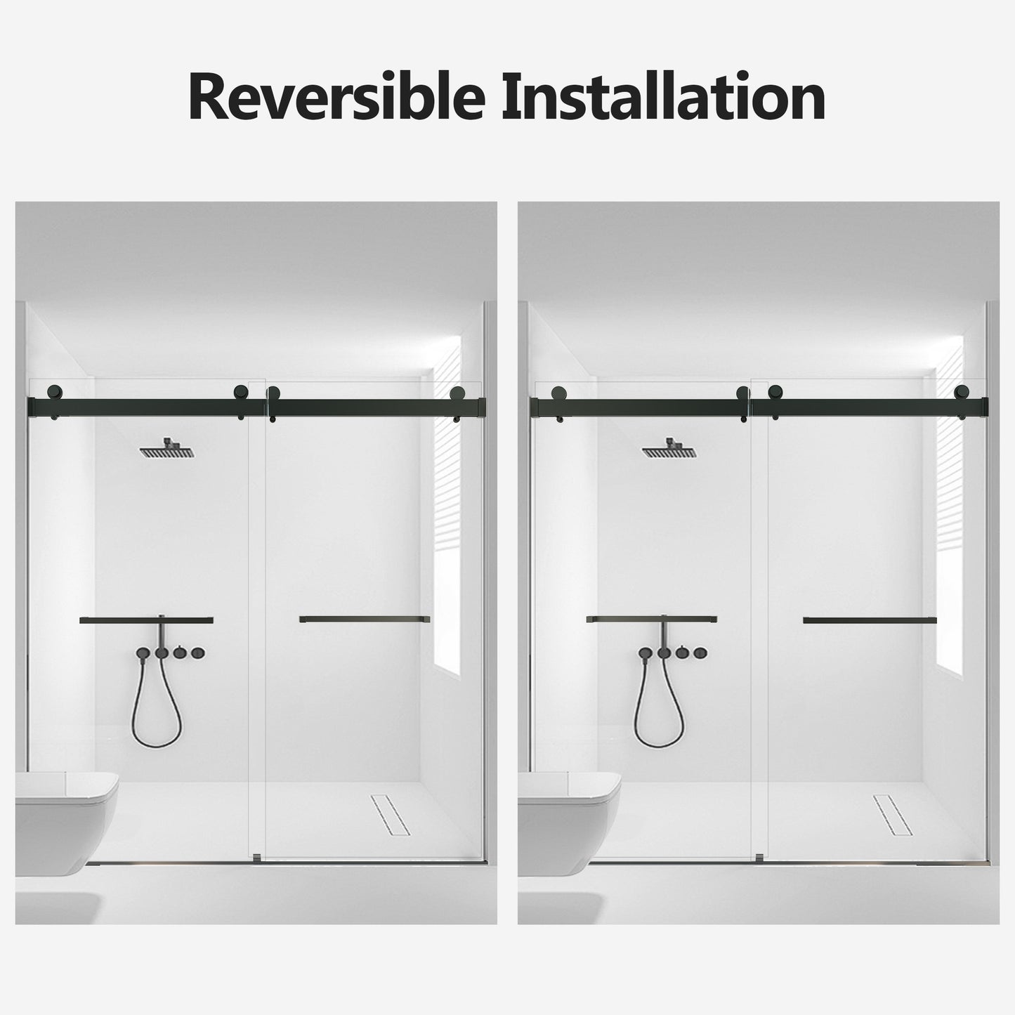 Modern black framed glass shower enclosure with dual sliding doors