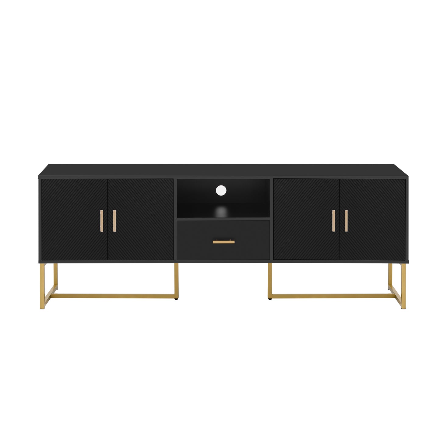 Black chevron media console with gold legs and brass handles