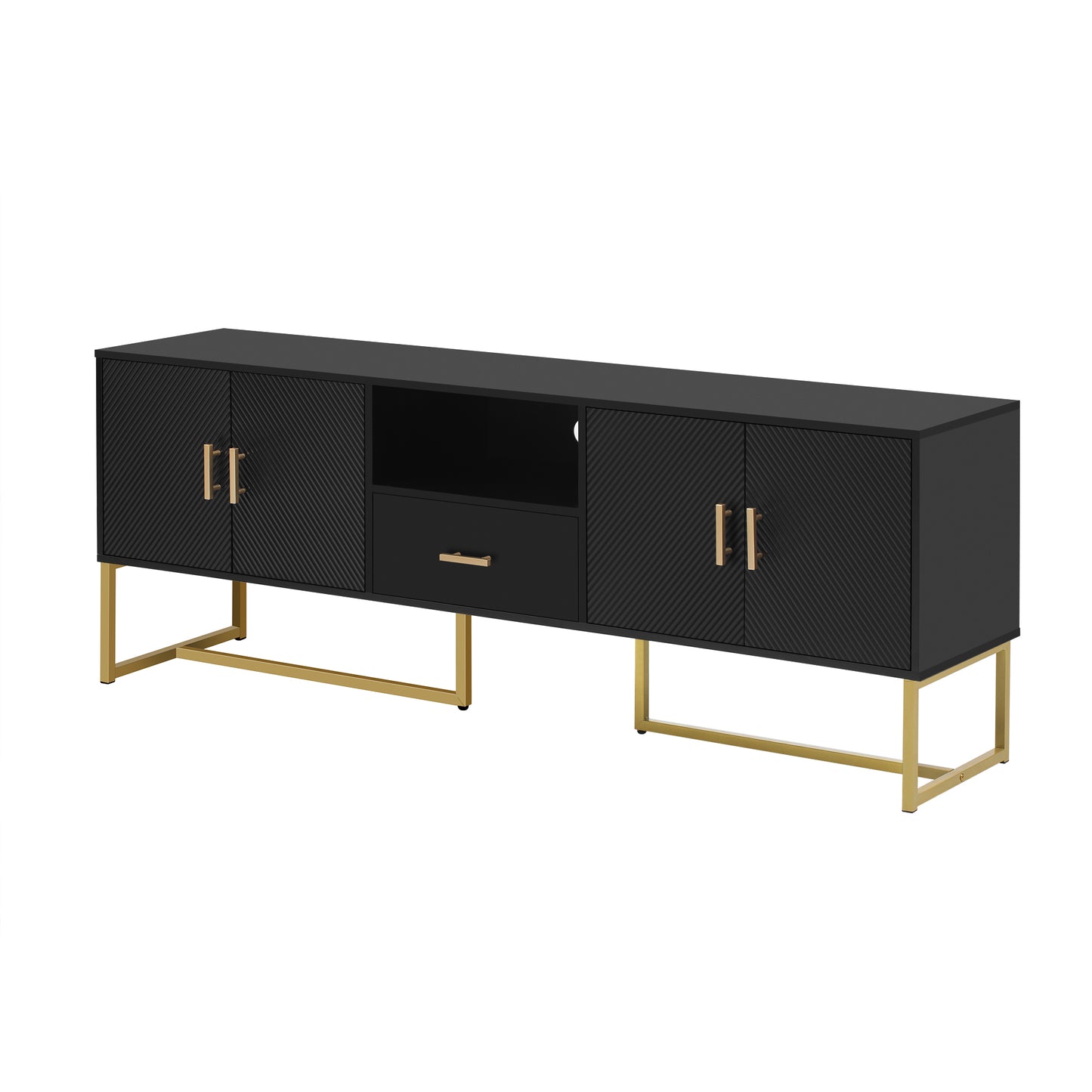Black modern media console with gold legs and textured doors