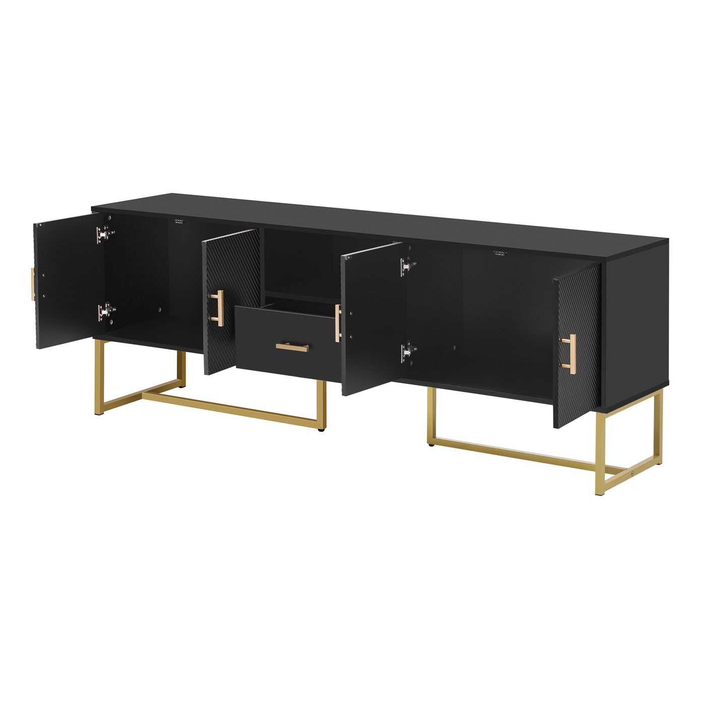 Black modern sideboard with gold metal legs and gold handles