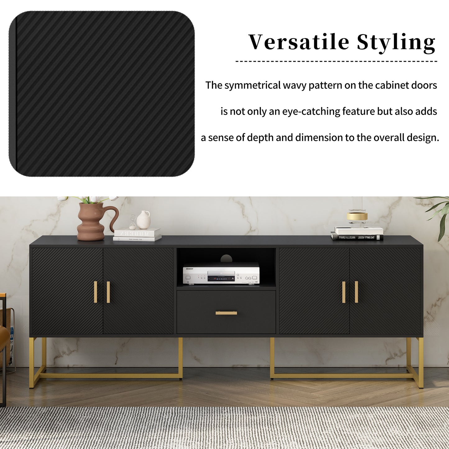 Black textured cabinet doors with gold hardware