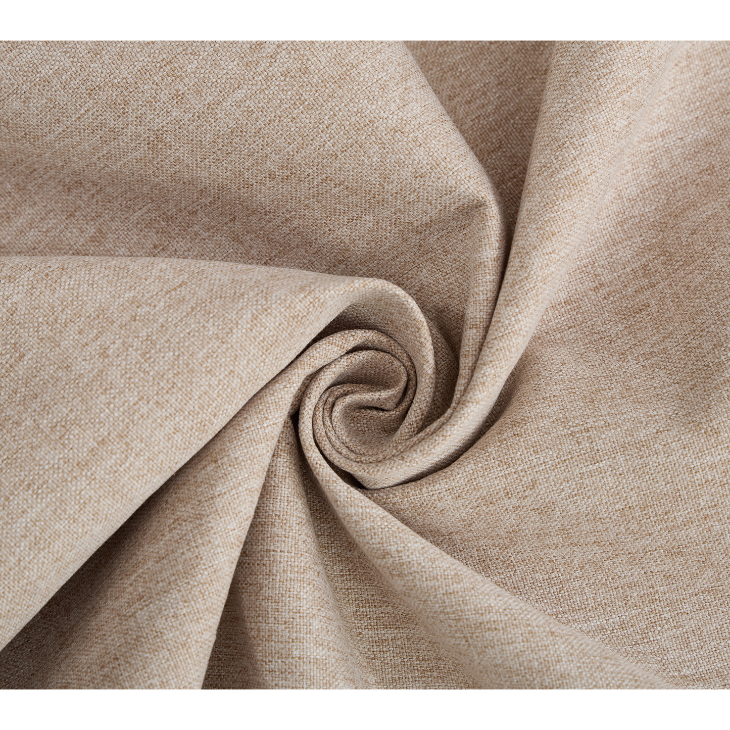Textured beige linen fabric swatch folded into a swirl