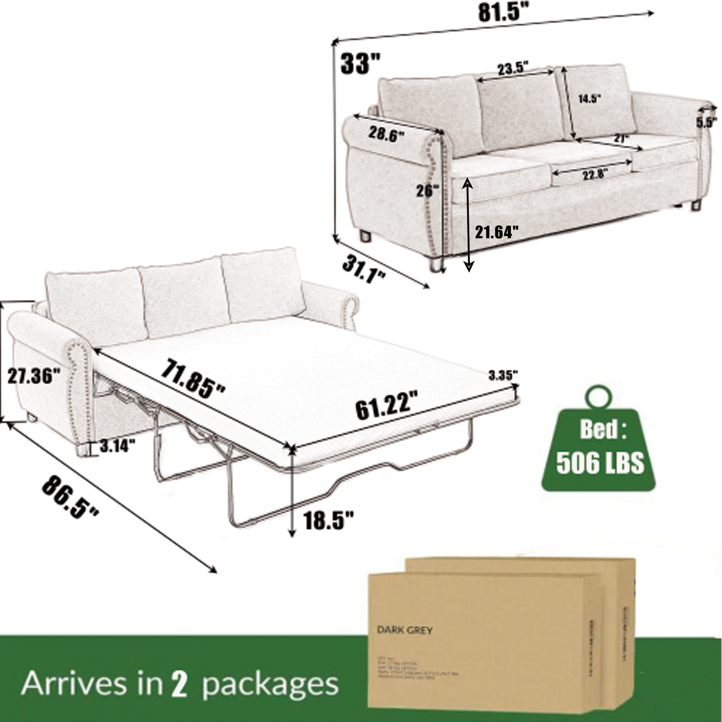 Diagram showing a dark grey sleeper sofa with dimensions for sofa and bed modes