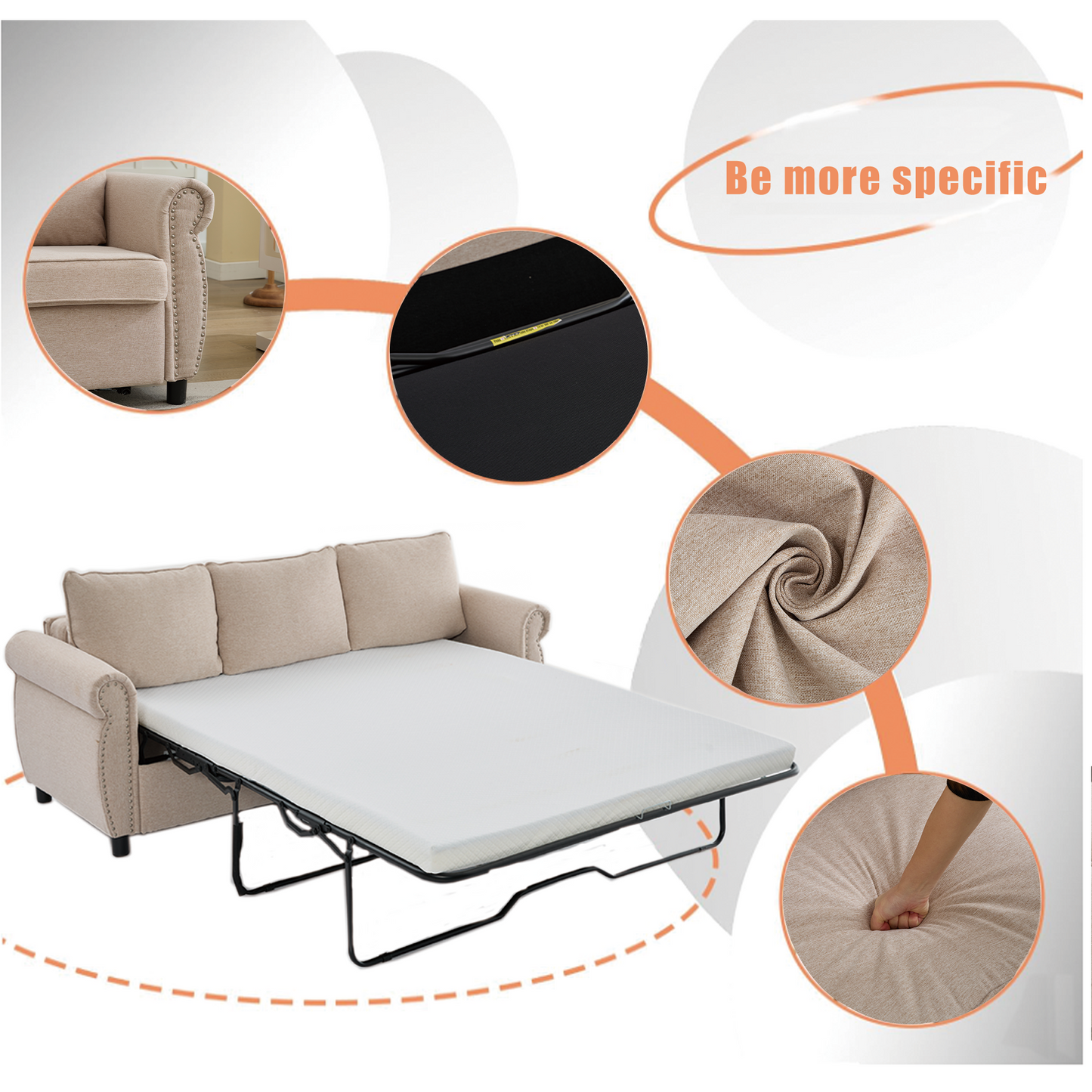 Beige upholstered sofa bed with button tufted arms and nailhead trim