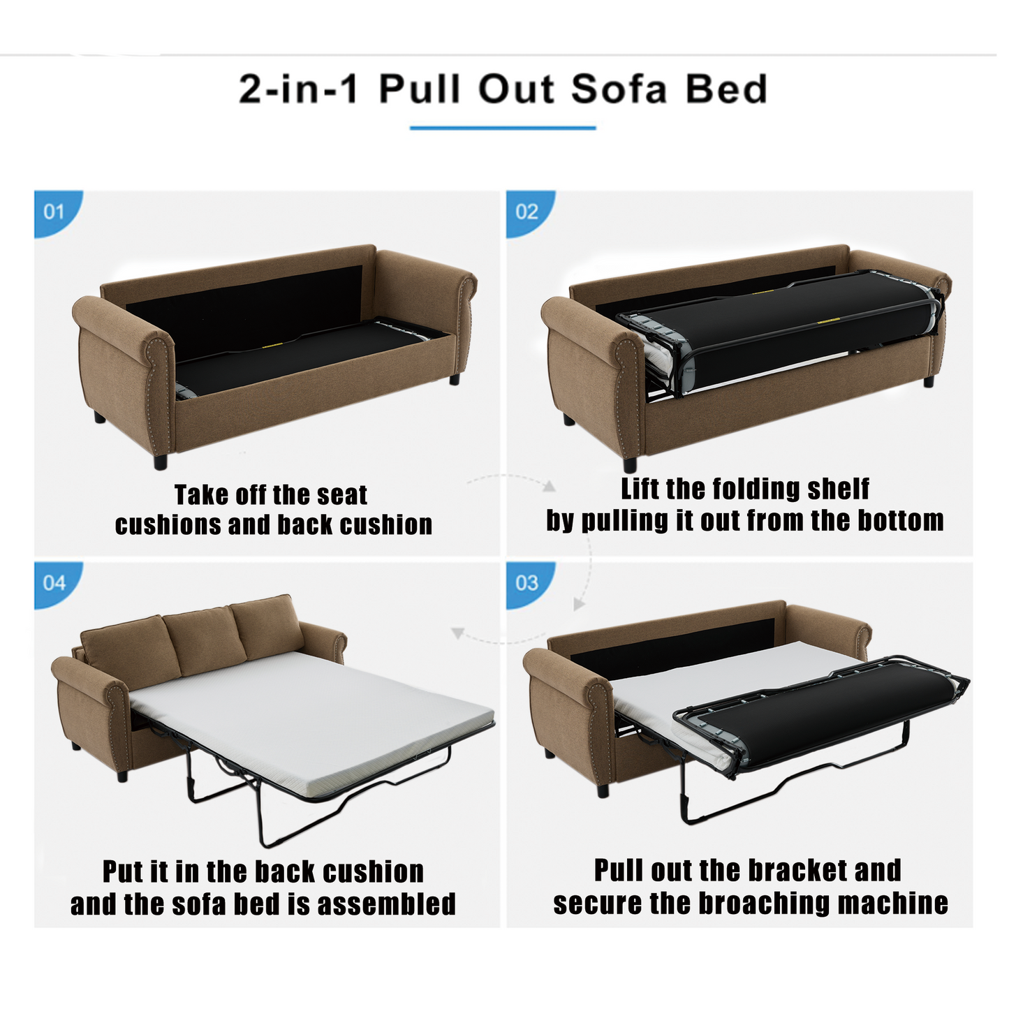 Brown fabric in pullout sofa bed with studded armrests in storage mode