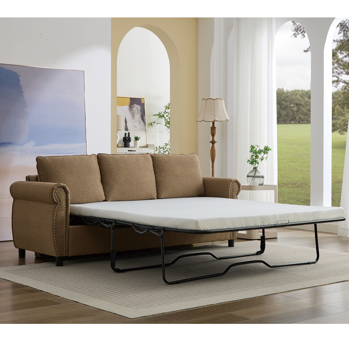 Brown fabric sofa bed with exposed metal frame and white mattress