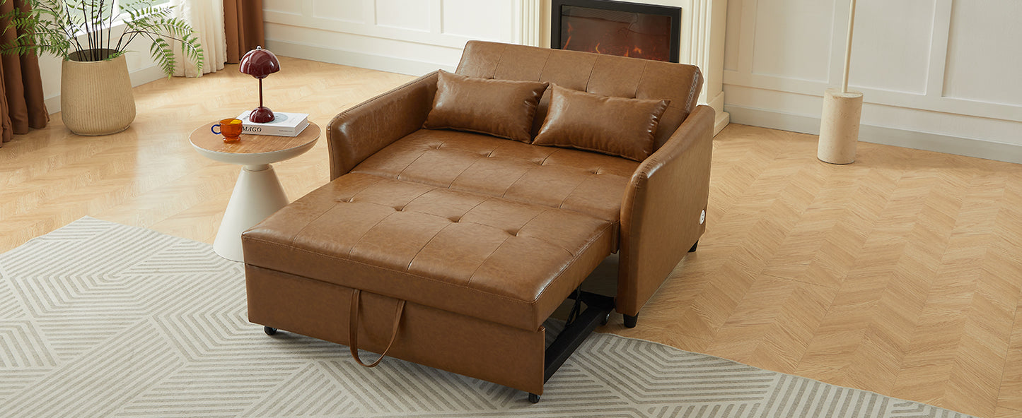 Brown leather convertible sofa bed with tufted cushions and pullout storage