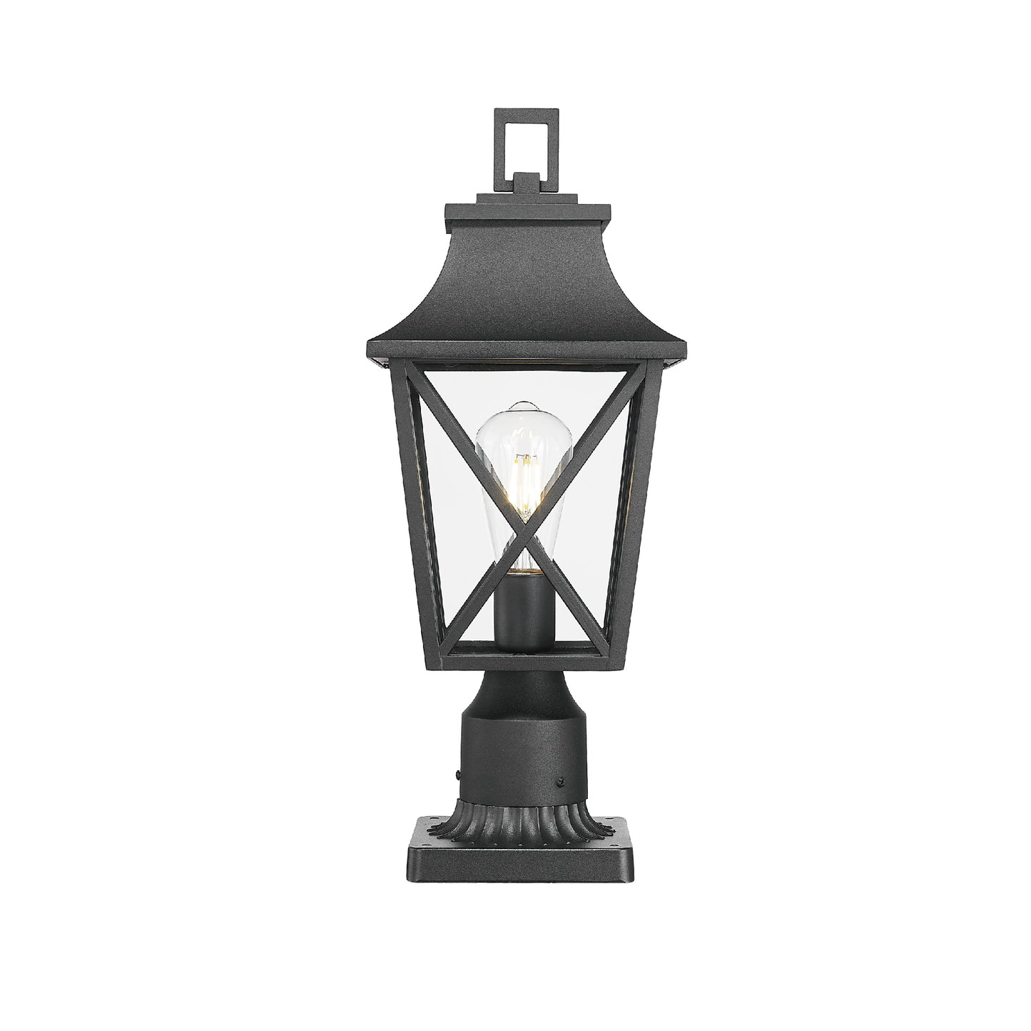 Black metal post lantern with glass panels and ornate base