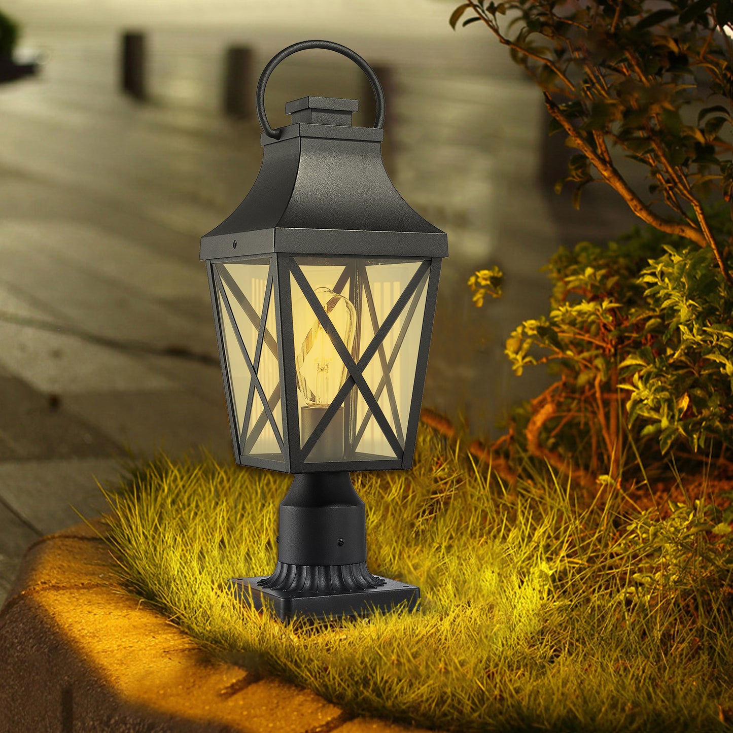 Black traditional post lantern with clear glass panes and ornate base