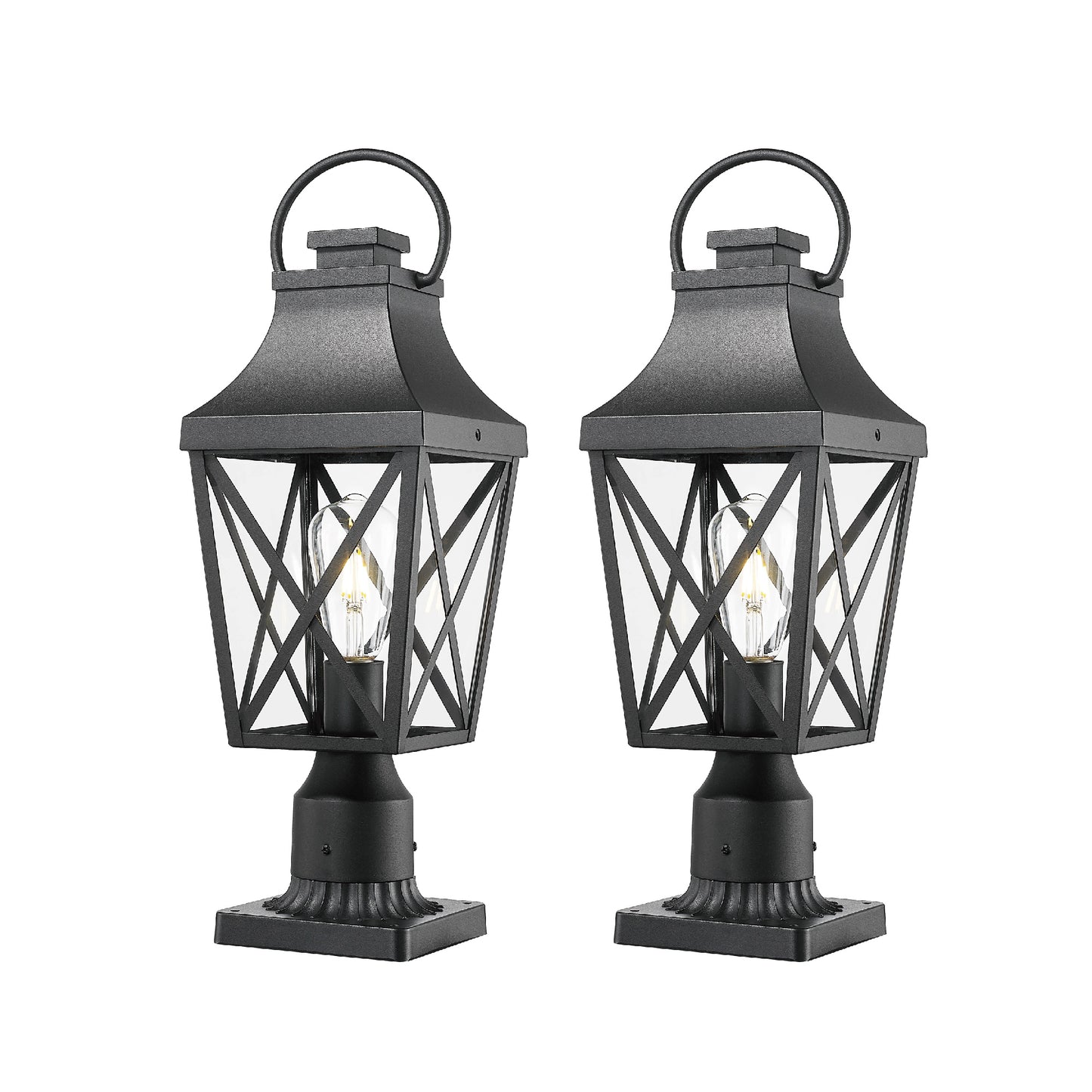Two black outdoor post lights with clear glass panes and ornate detailing