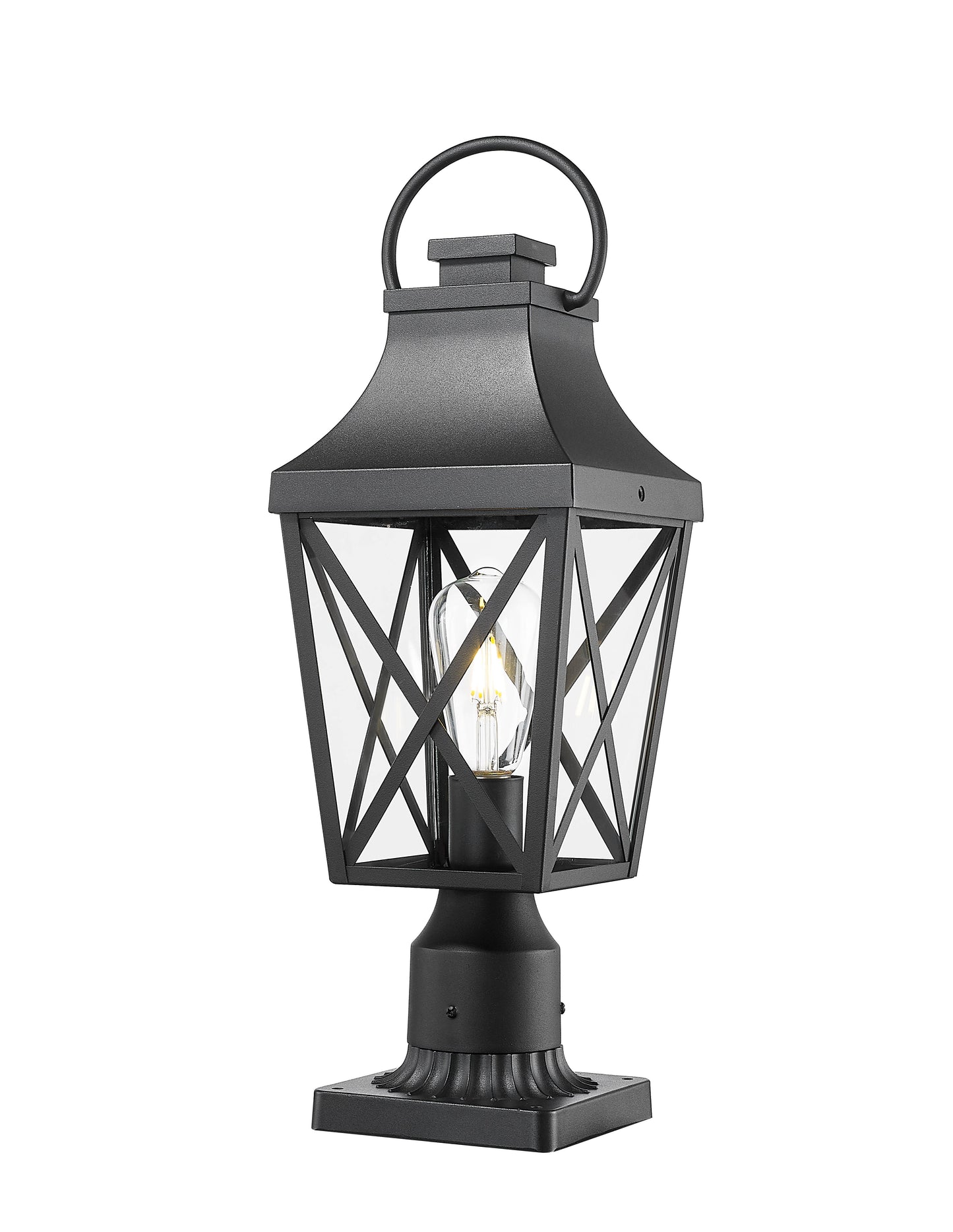 Black metal post lantern with a decorative crisscross glass design ideal for outdoor pathways