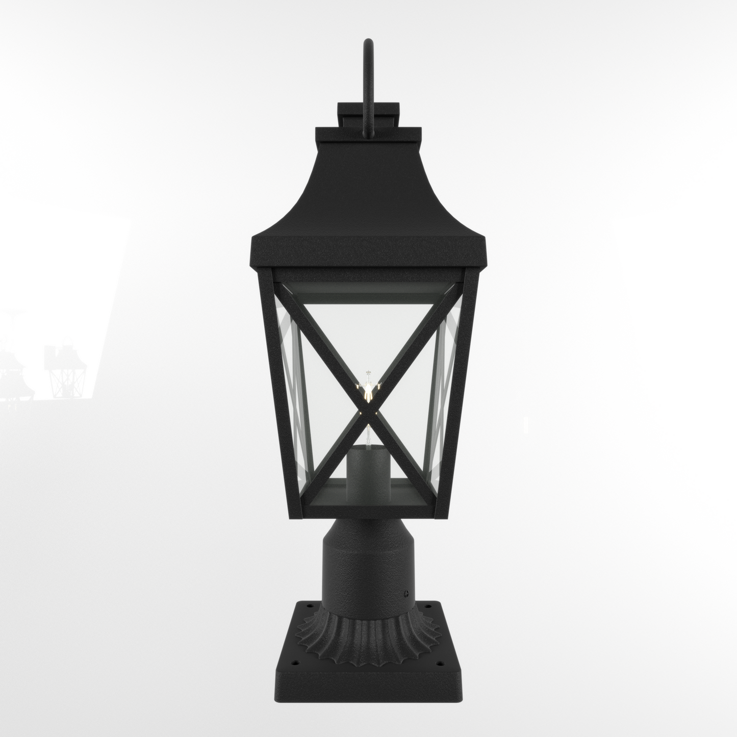 Black traditional lantern post light with clear glass panes and metal accents