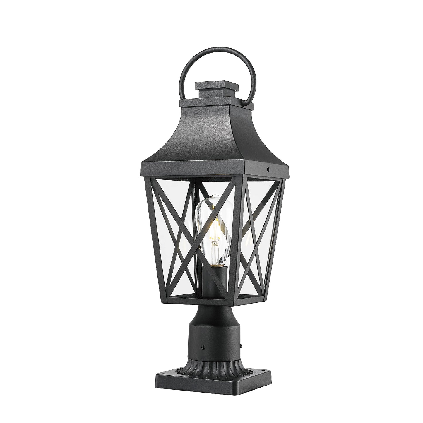 Black metal traditional post light with clear glass panes and exposed bulb