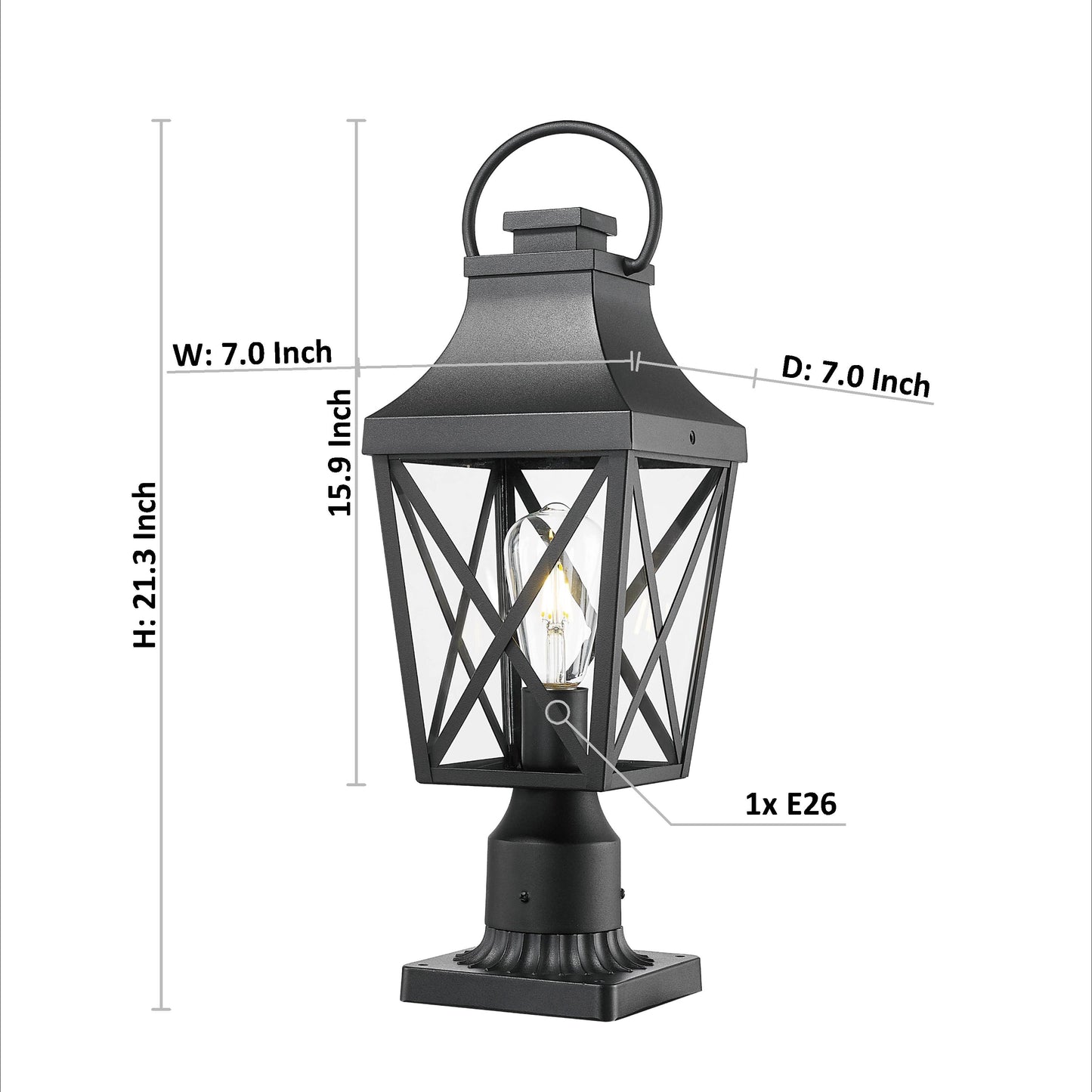 Black metal post lantern with clear diamondpatterned glass panels ideal for pathway lighting
