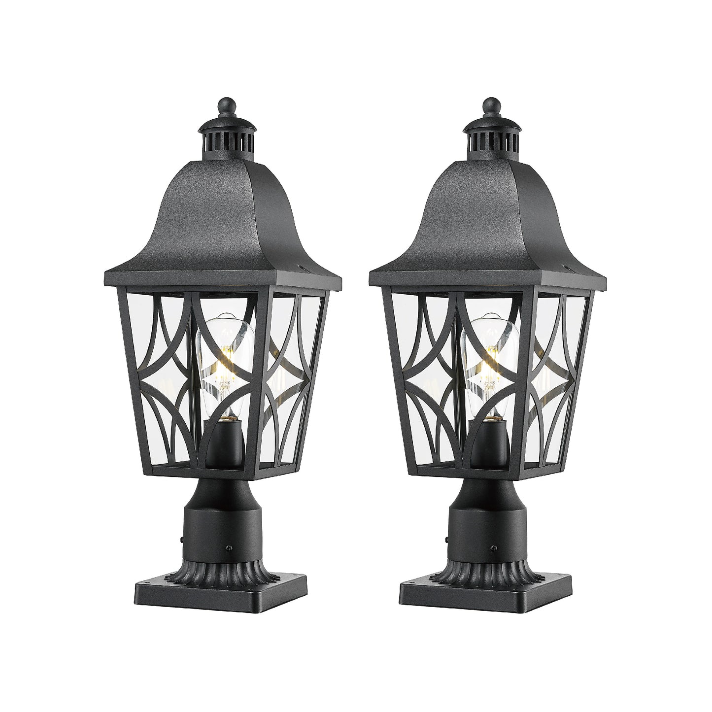 Pair of black metal outdoor post lights with clear glass panels and decorative scrollwork