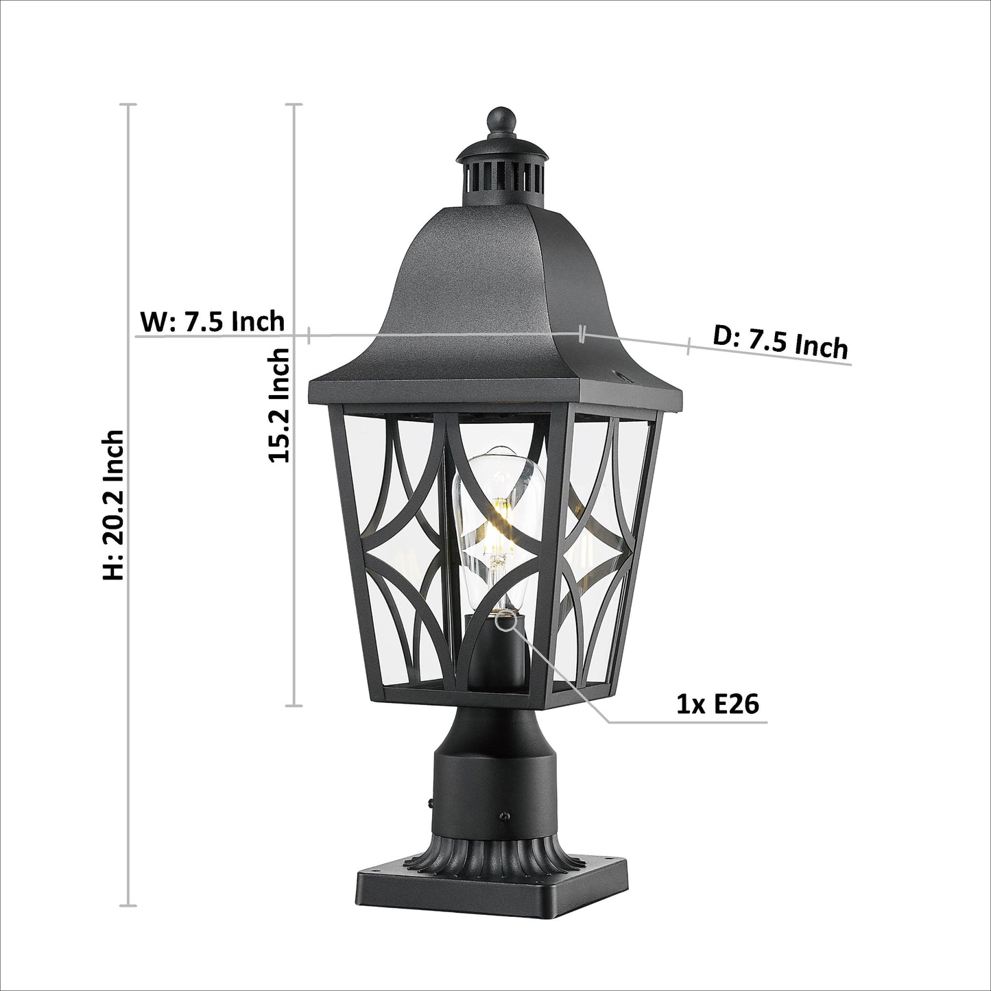 Black metal post lantern with decorative glass panes and filigree design H