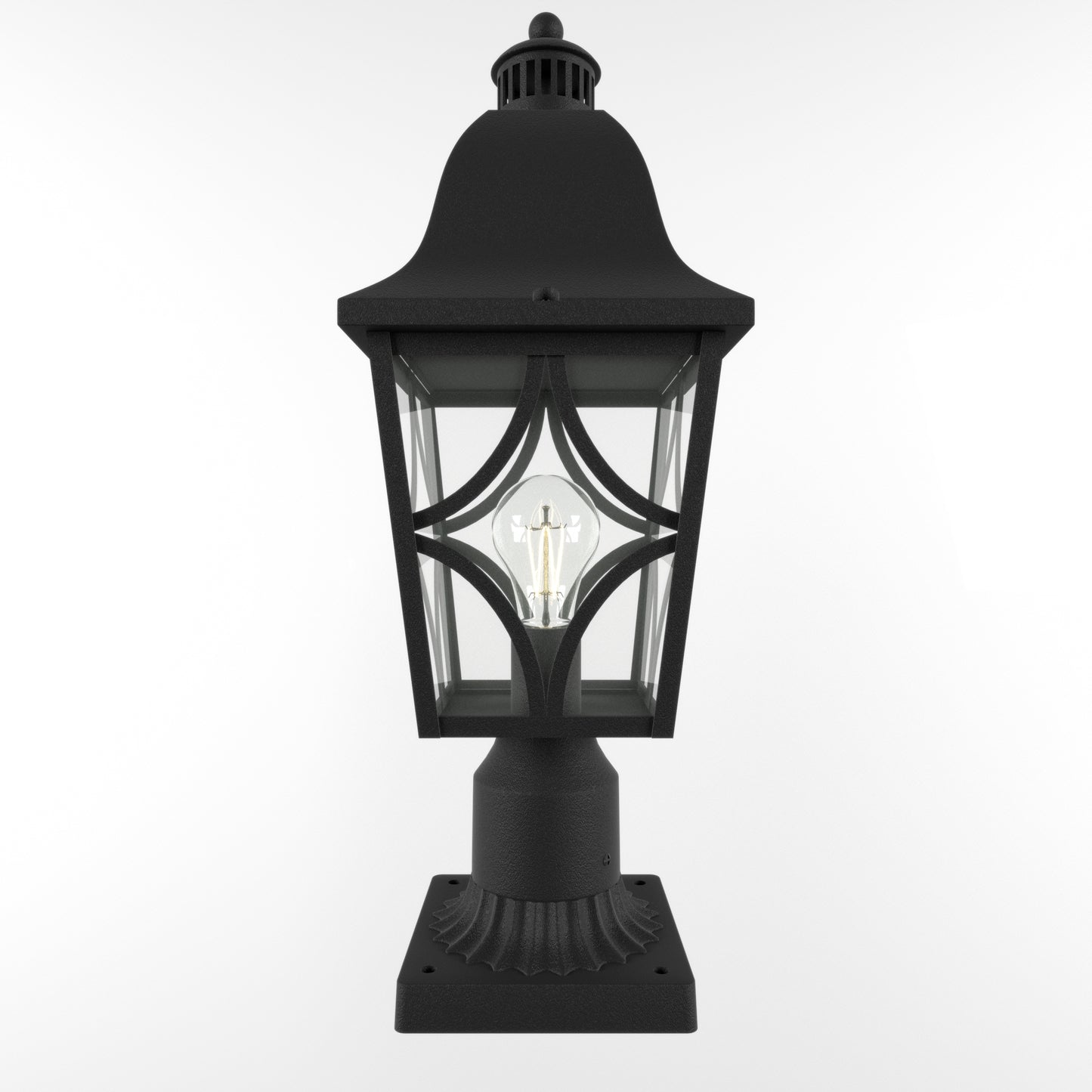 Black traditional post lantern with clear glass panels and decorative metalwork