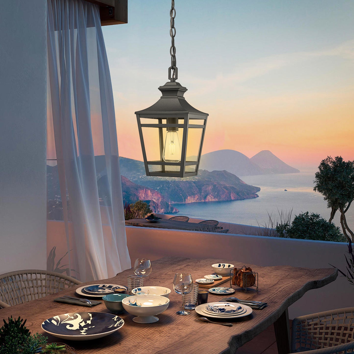 Black outdoor hanging lantern with visible Edison bulb and chain