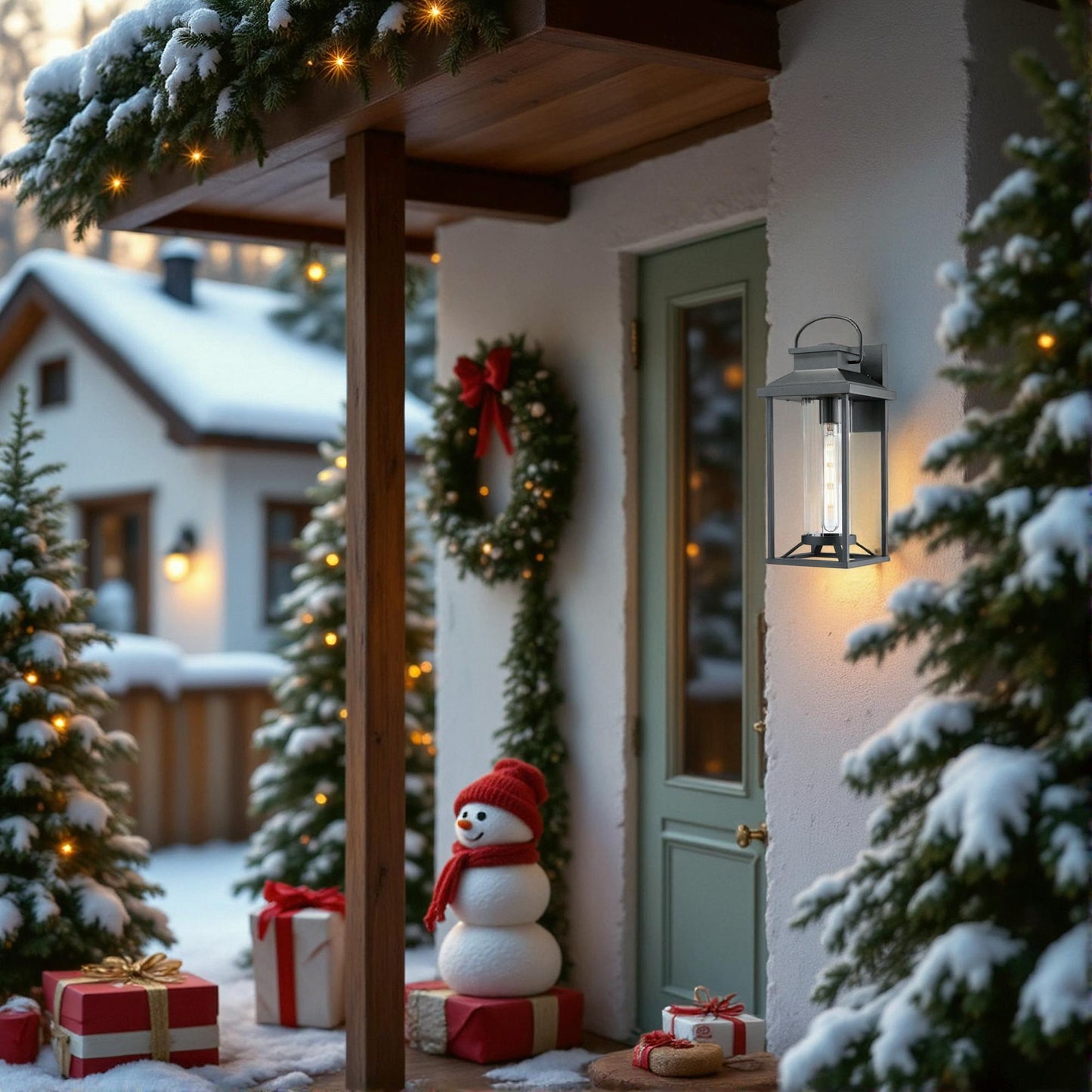 Modern gray outdoor wall lantern with clear glass cylinder