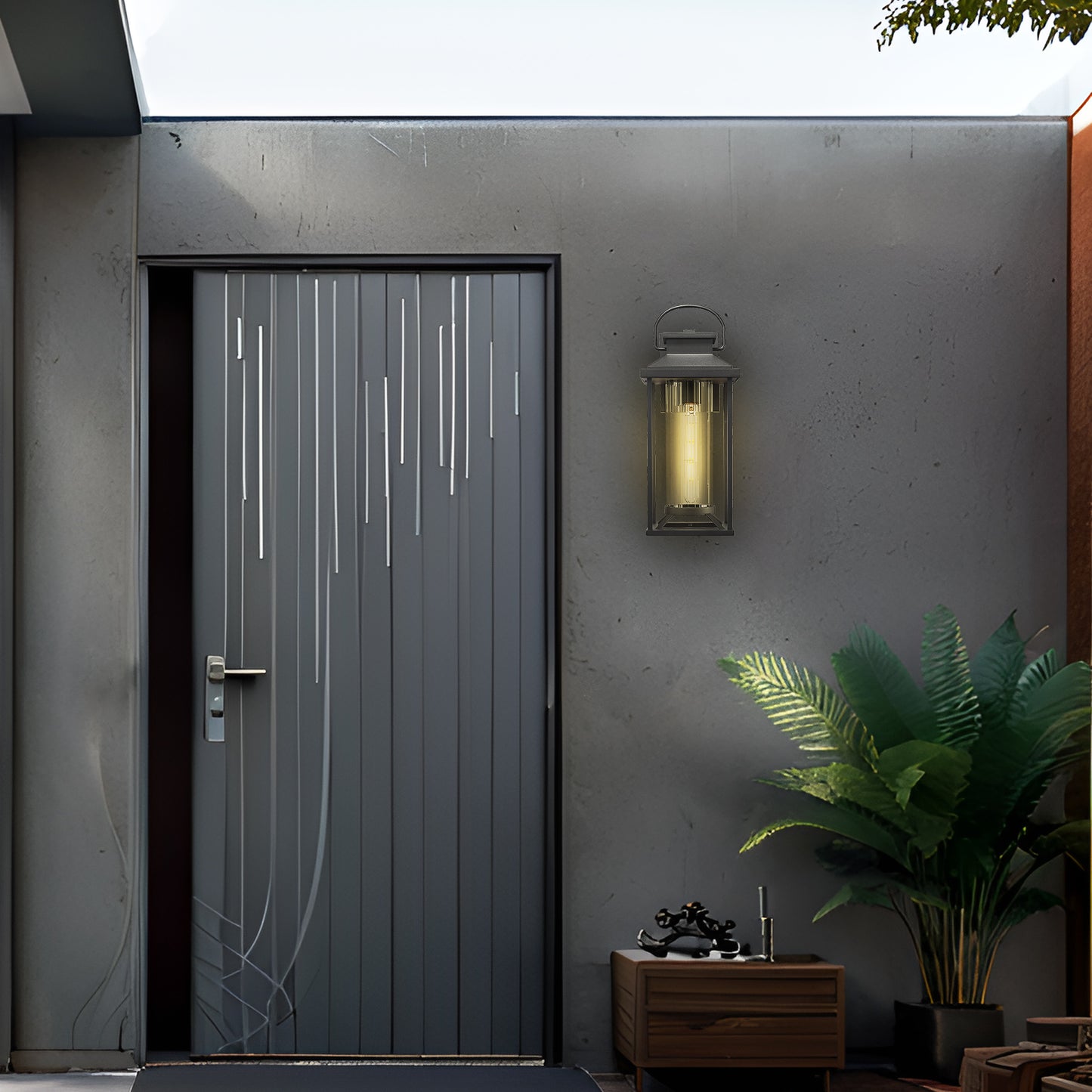 Modern dark grey entry door with vertical white line accents and silver handle