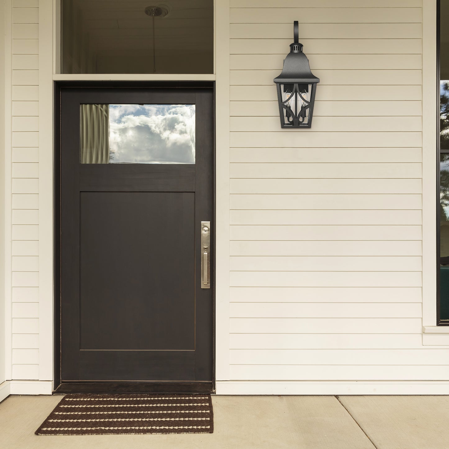 Dark brown modern front door with glass pane and brushed nickel handle