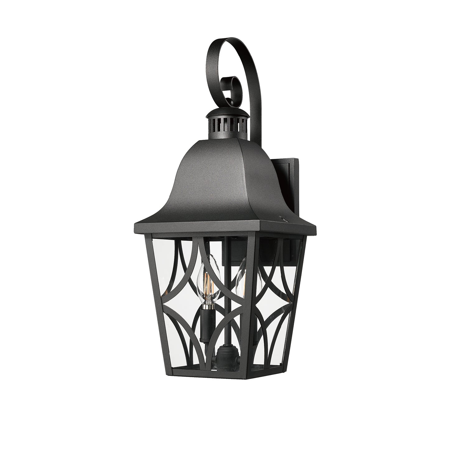 Black metal outdoor wall lantern with clear seeded glass and traditional scroll arm