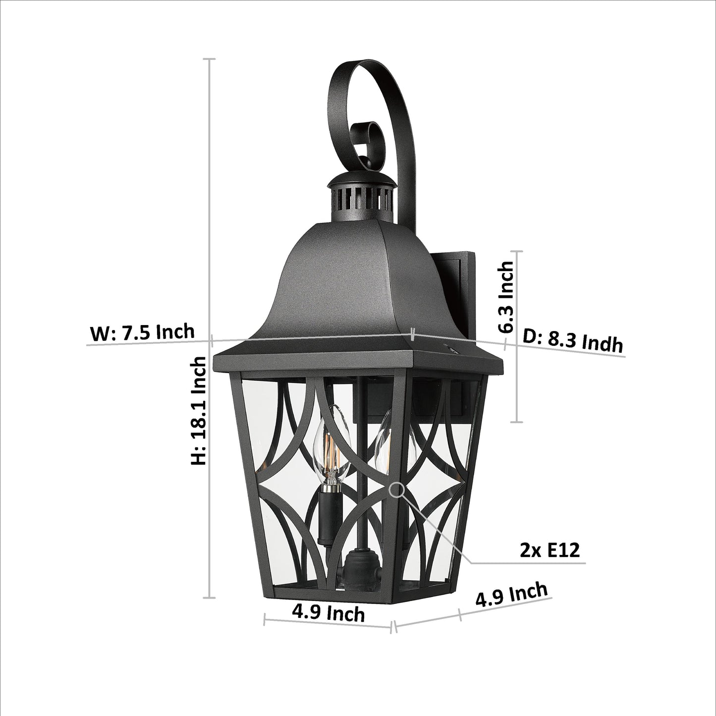 Black metal outdoor wall lantern with clear glass panes and decorative scroll arm