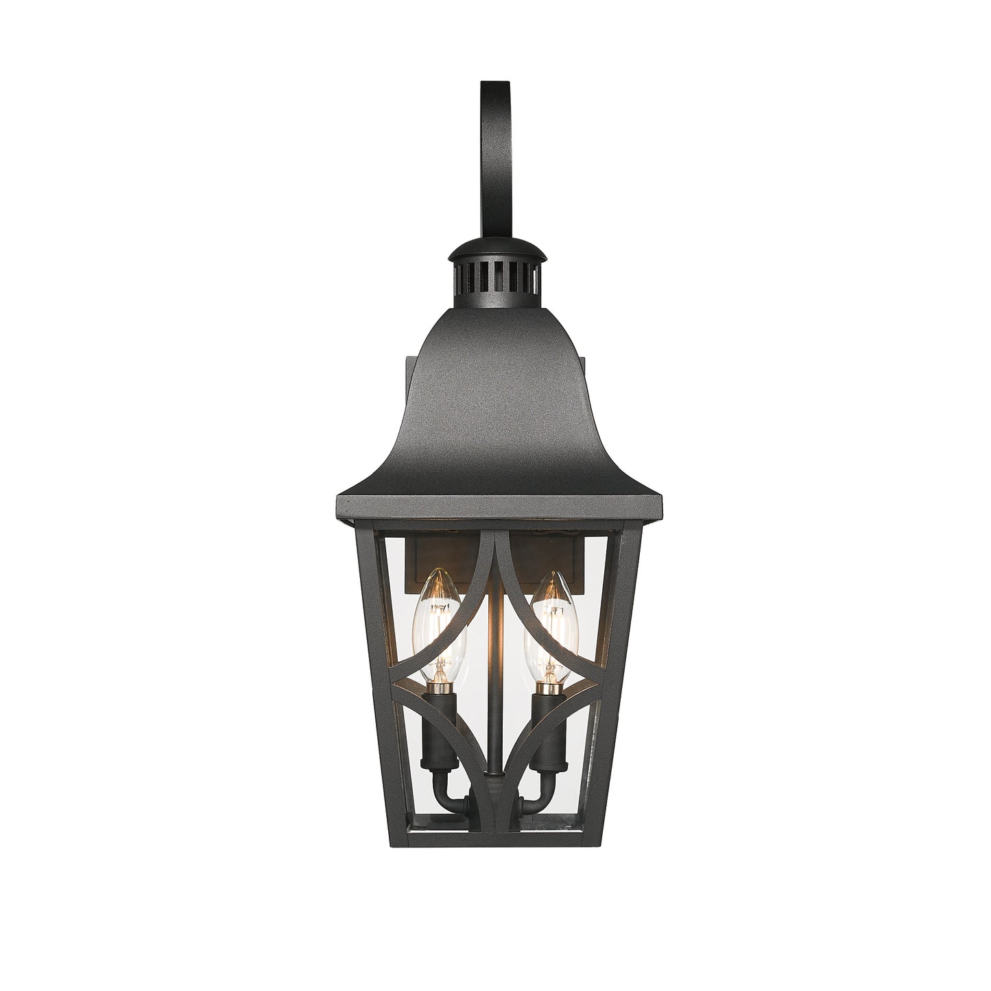 Black metal traditional outdoor wall lantern with seeded glass panes and two candelabra bulbs
