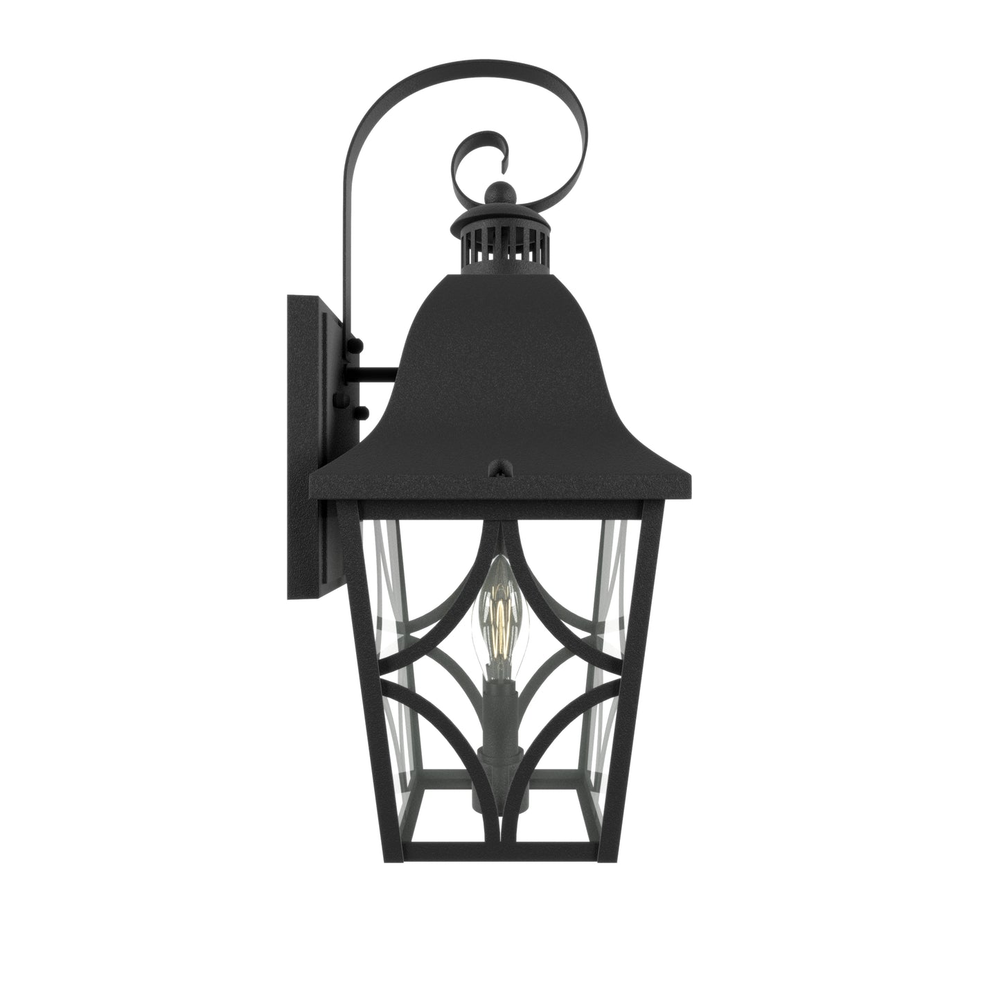 Black wrought iron outdoor wall lantern with ornate scrollwork and clear glass panels