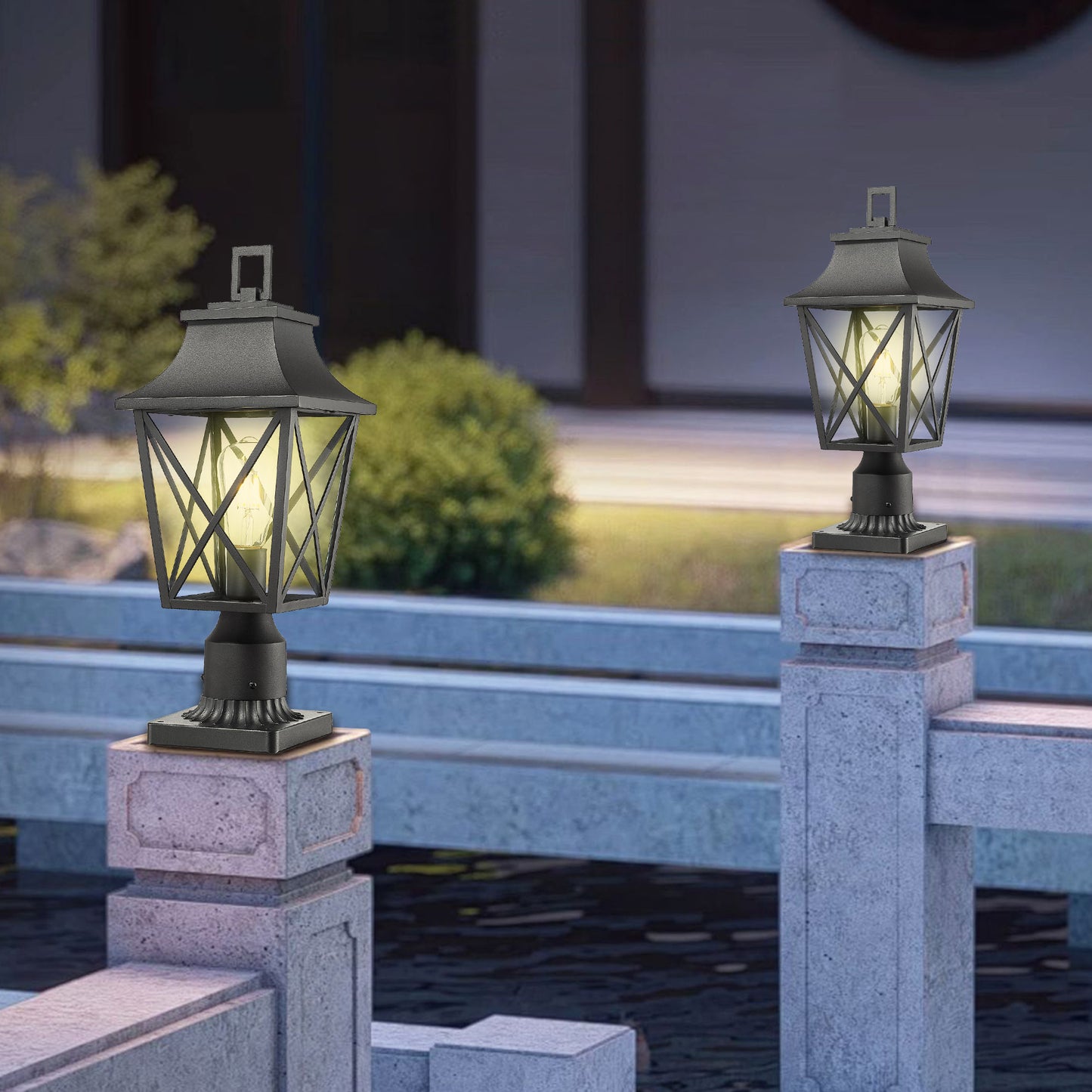 Black metal traditional lantern post light with diamond pane glass
